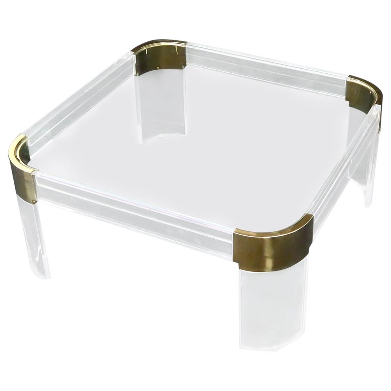 Mid-Century Modern Lucite Brass Glass Top Rounded Square Coffee Table For Sale