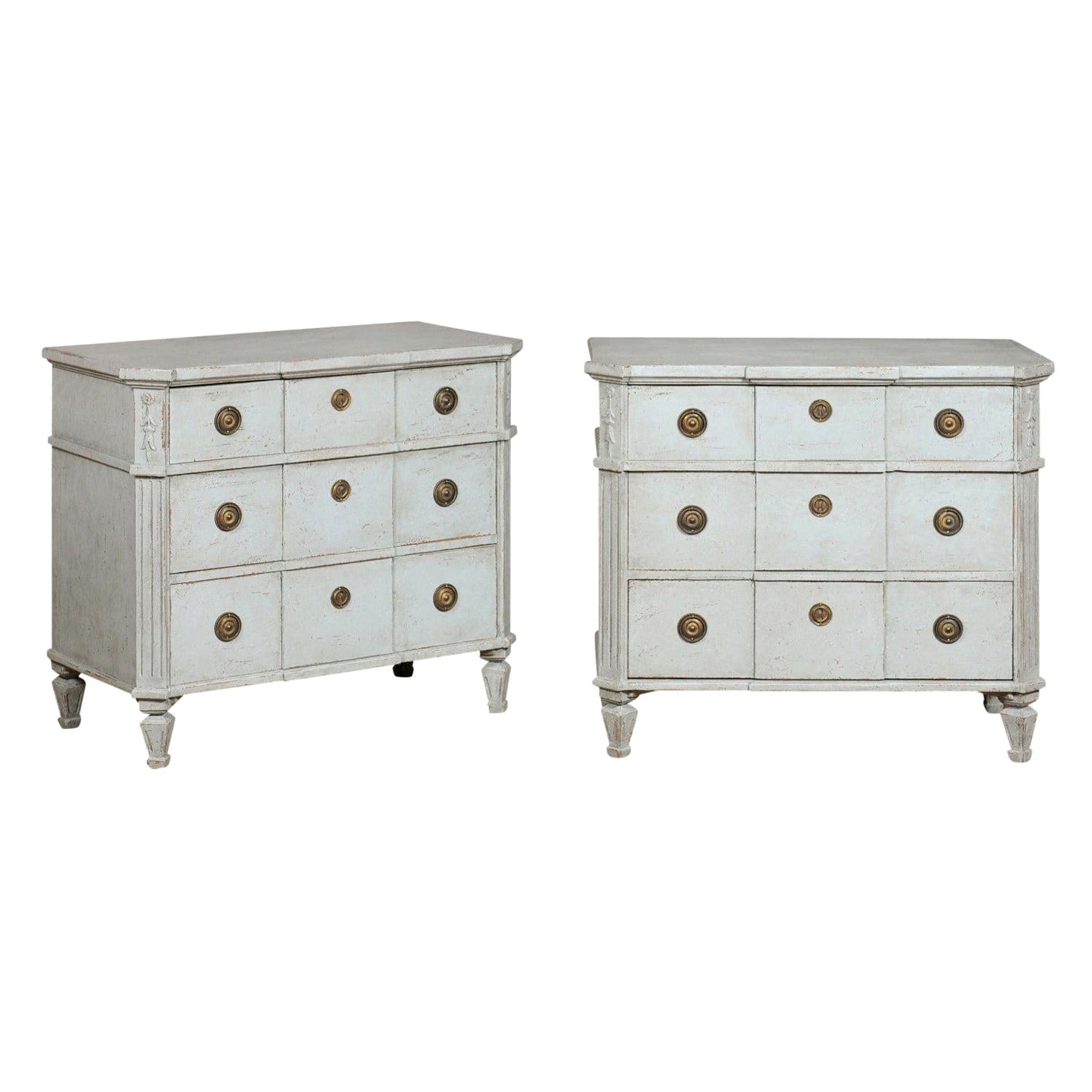 Pair of Swedish 19th Century Painted ThreeDrawer Chests with Semi