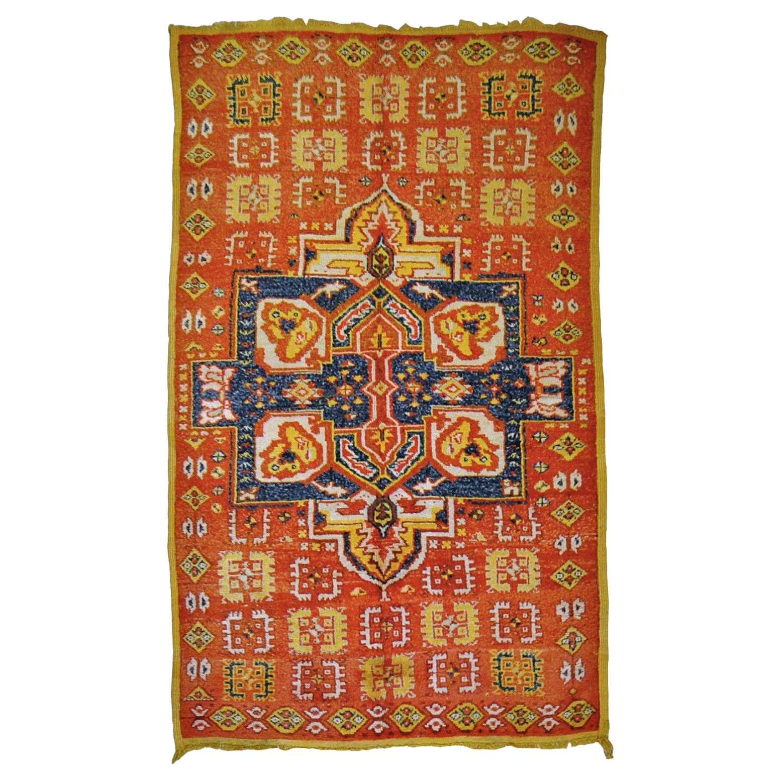 Tapis berbère jaune, orange et bleu des couleurs du soleil du 20ème siècle, vers 1950