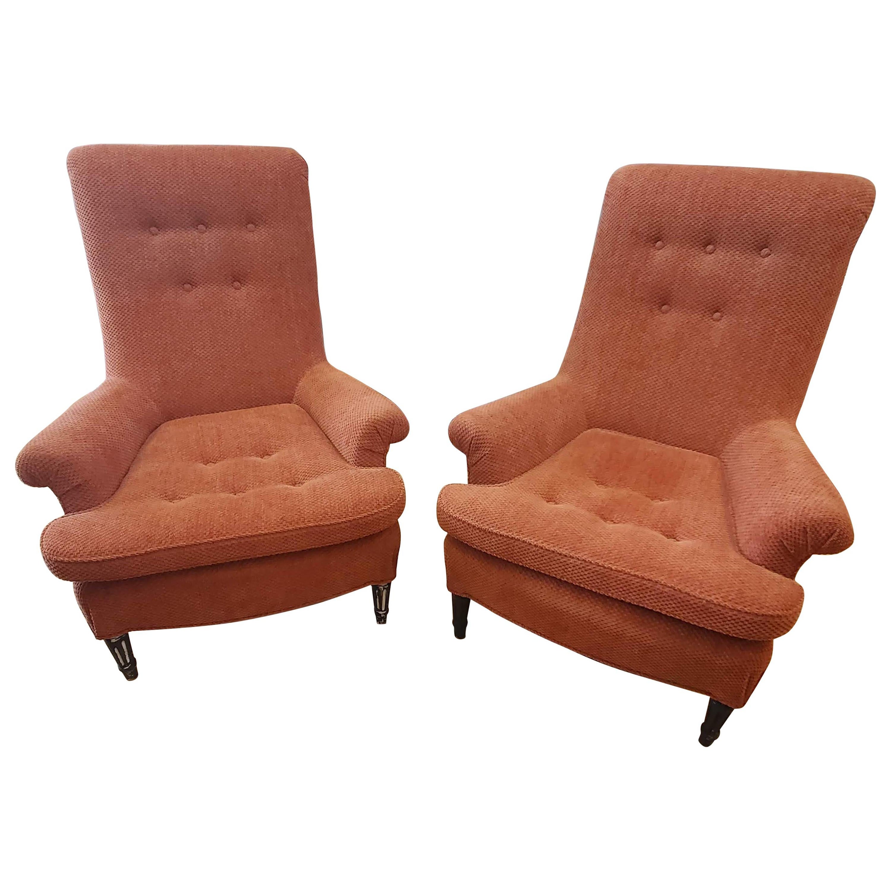 Pair of 19th Century English Club Chairs with Orange Chenille Upholstery