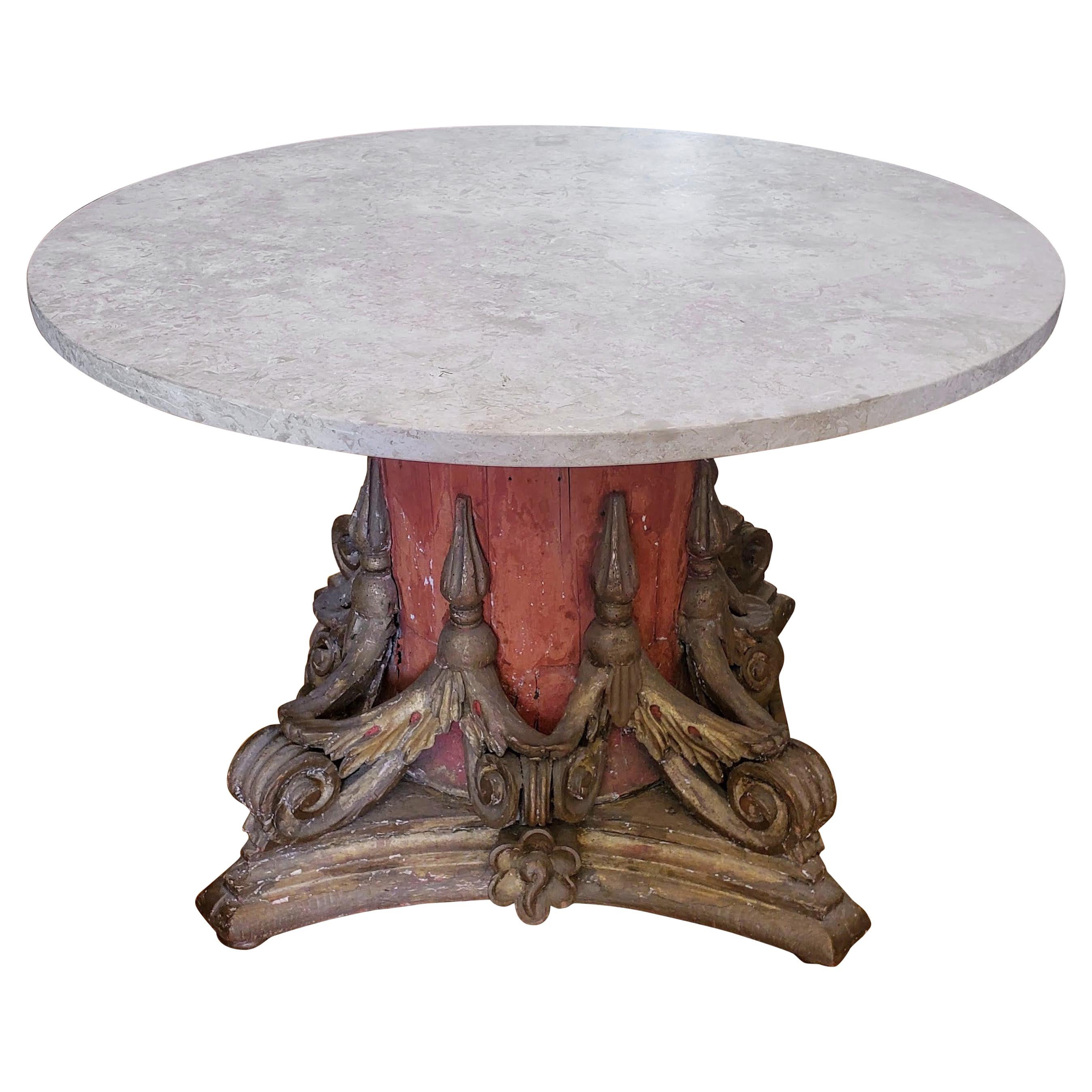 Large 18th Century Venetian Architectural Carved Capital Table with Marble Top