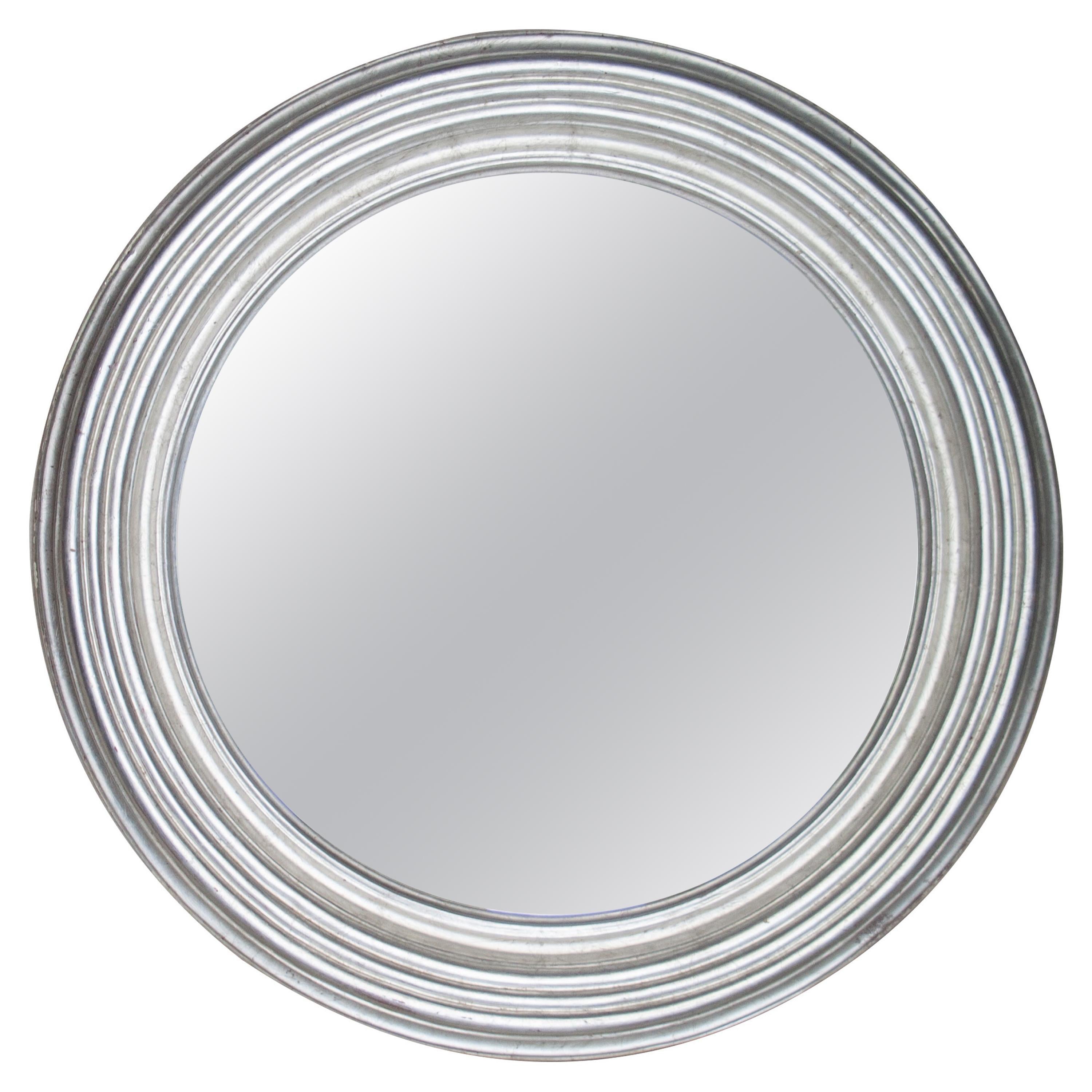 Miroir rond Empire néoclassique en bois sculpté à la main en argent