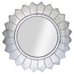 Retro Neoclassical Empire Round Silver Hand Carved Wooden Mirror, Spain, 1970