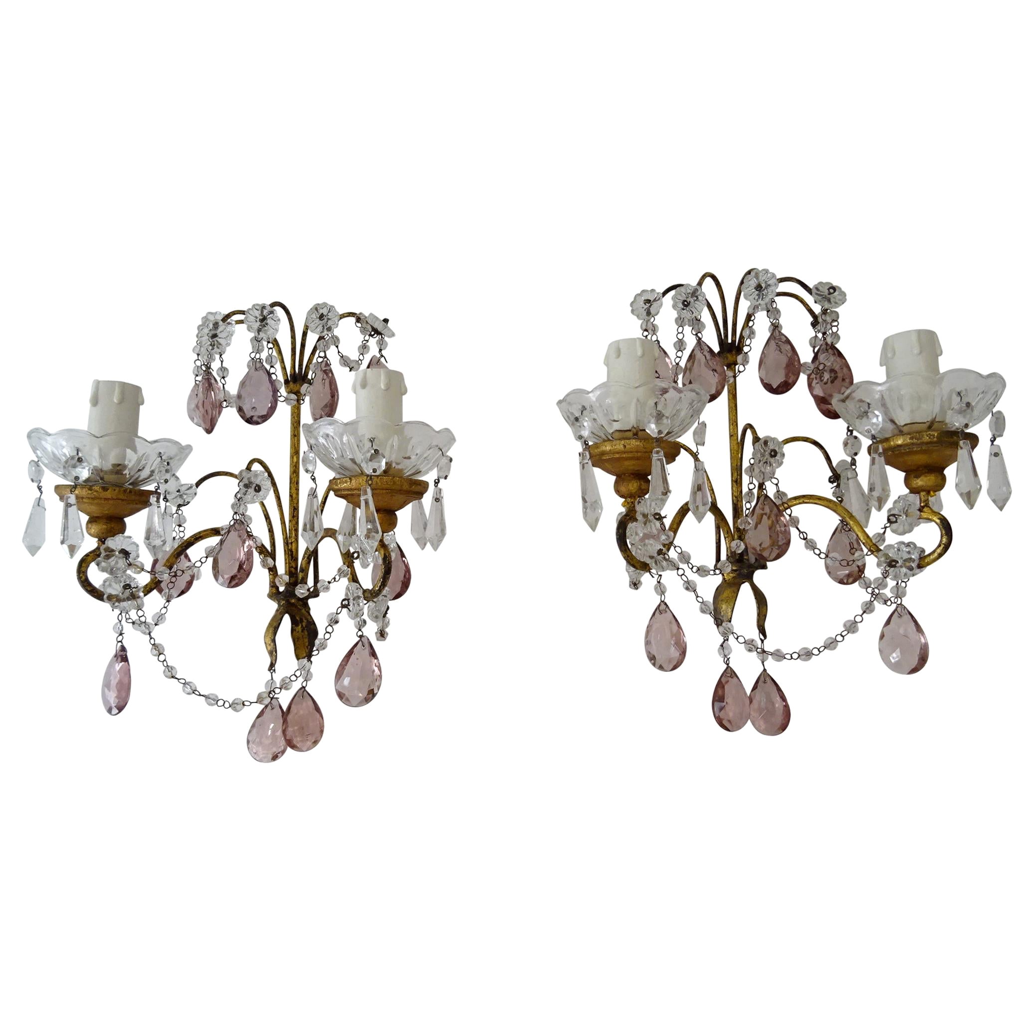 French Gold Gilt Amethyst Crystal Prisms Rock Crystal Sconces, circa 1920