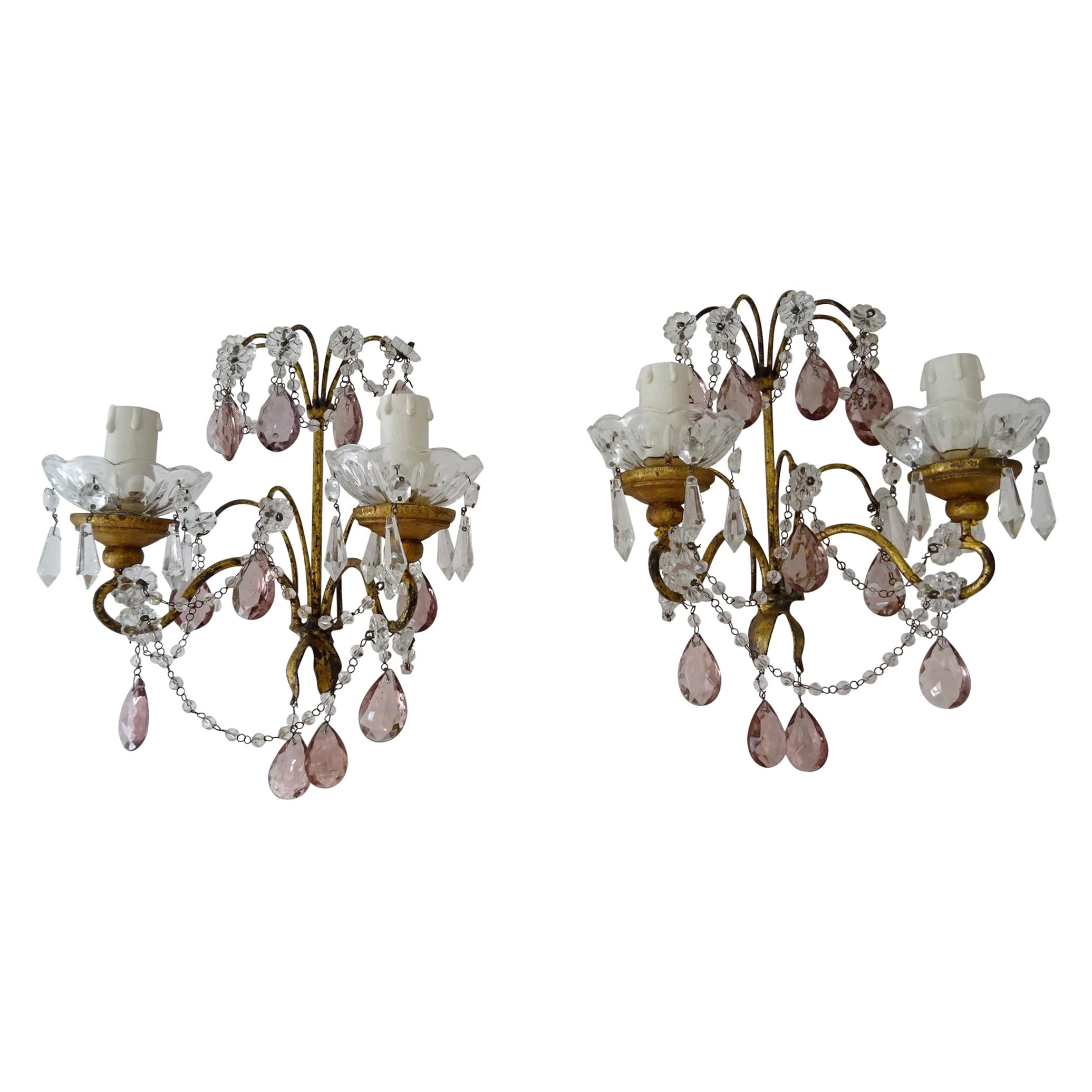 French Gold Gilt Amethyst Crystal Prisms Rock Crystal Sconces, circa 1920