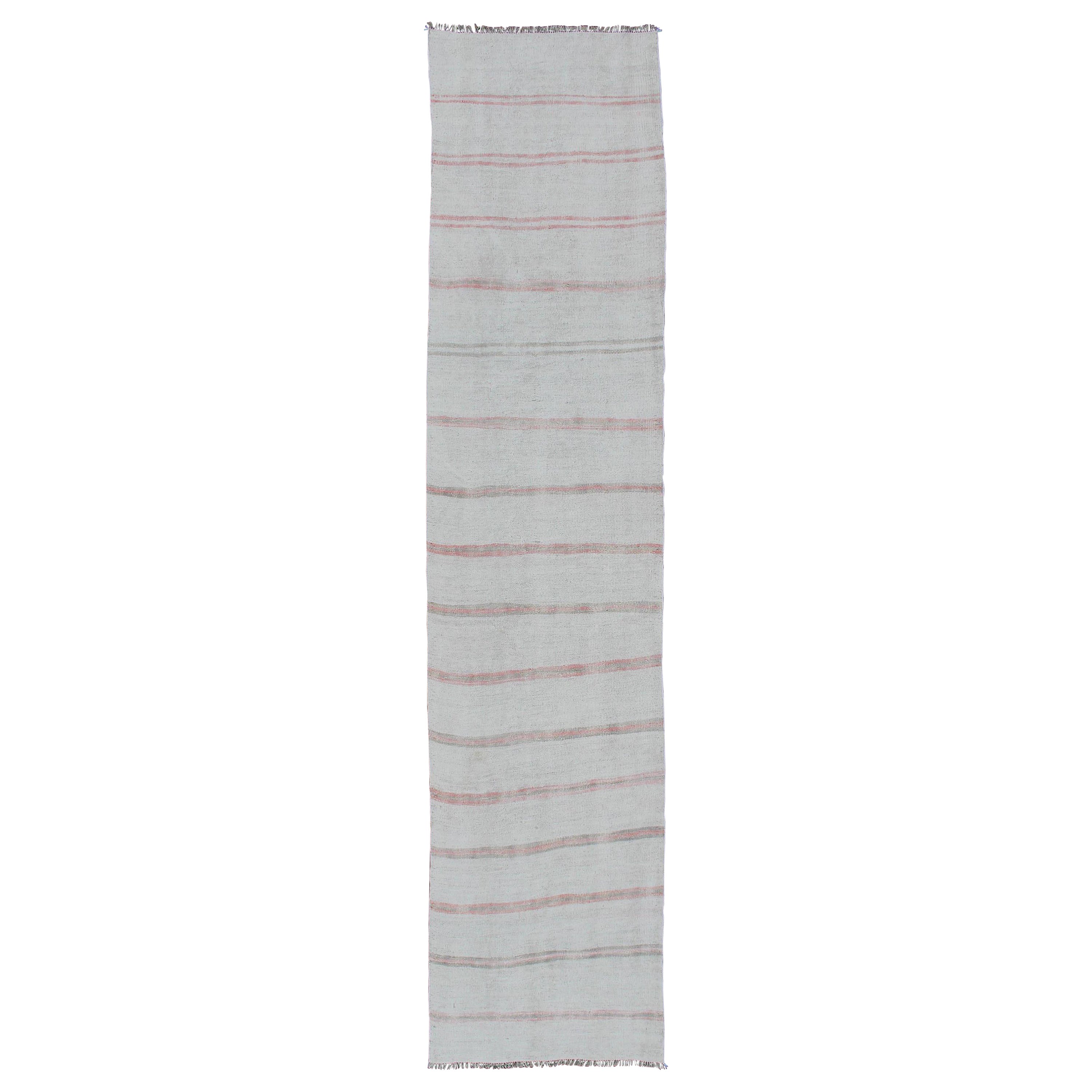 Striped Turkish Vintage Kilim Flat-Weave Rug in Shades of Soft Red and Cream
