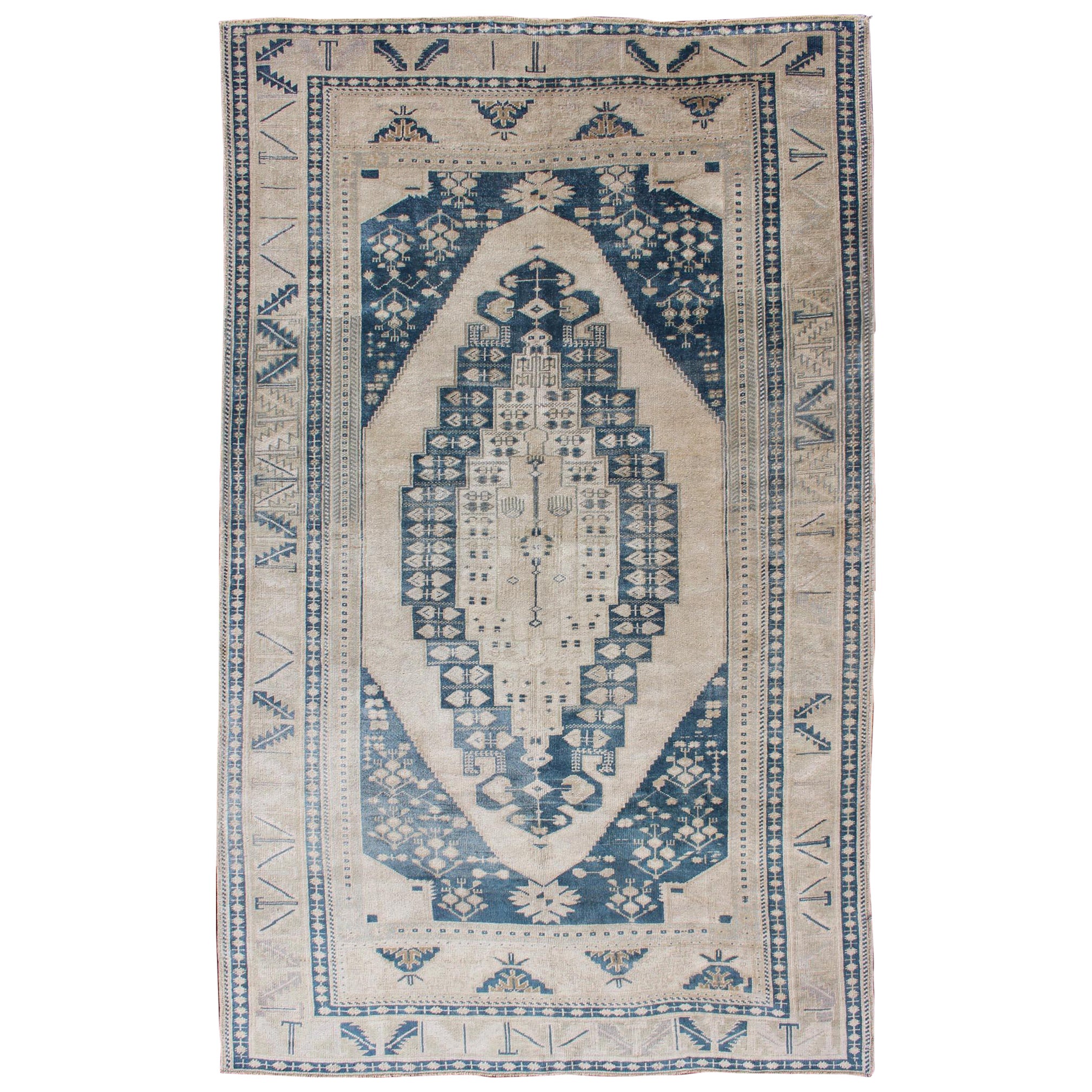 Vintage Turkish Hand Knotted Oushak Rug with Central Medallion in Blue and Cream