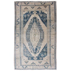 Vintage Turkish Hand Knotted Oushak Rug with Central Medallion in Blue and Cream