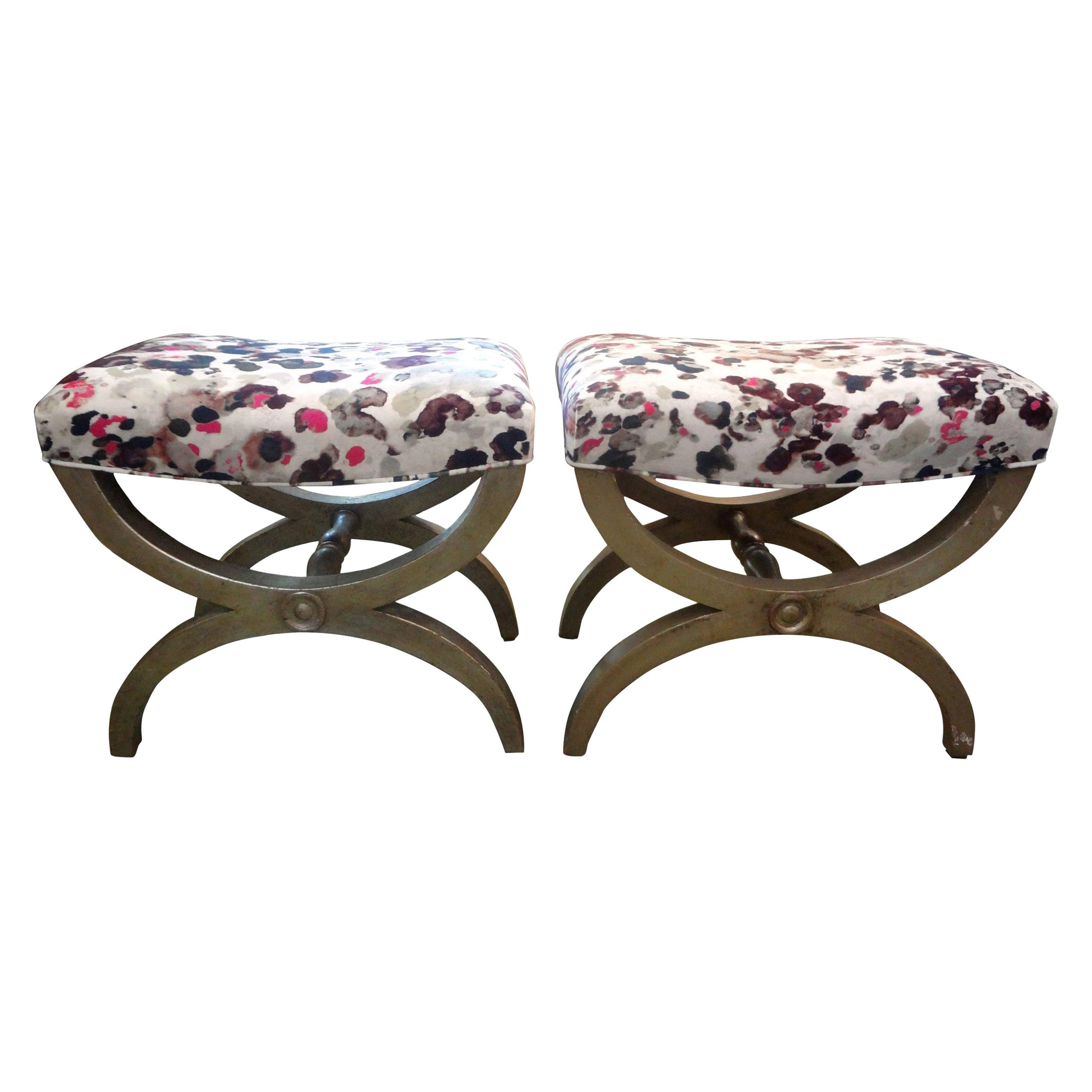 Pair of Vintage Italian Silver Giltwood Benches or Ottomans For Sale