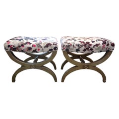 Pair of Retro Italian Silver Giltwood Benches or Ottomans