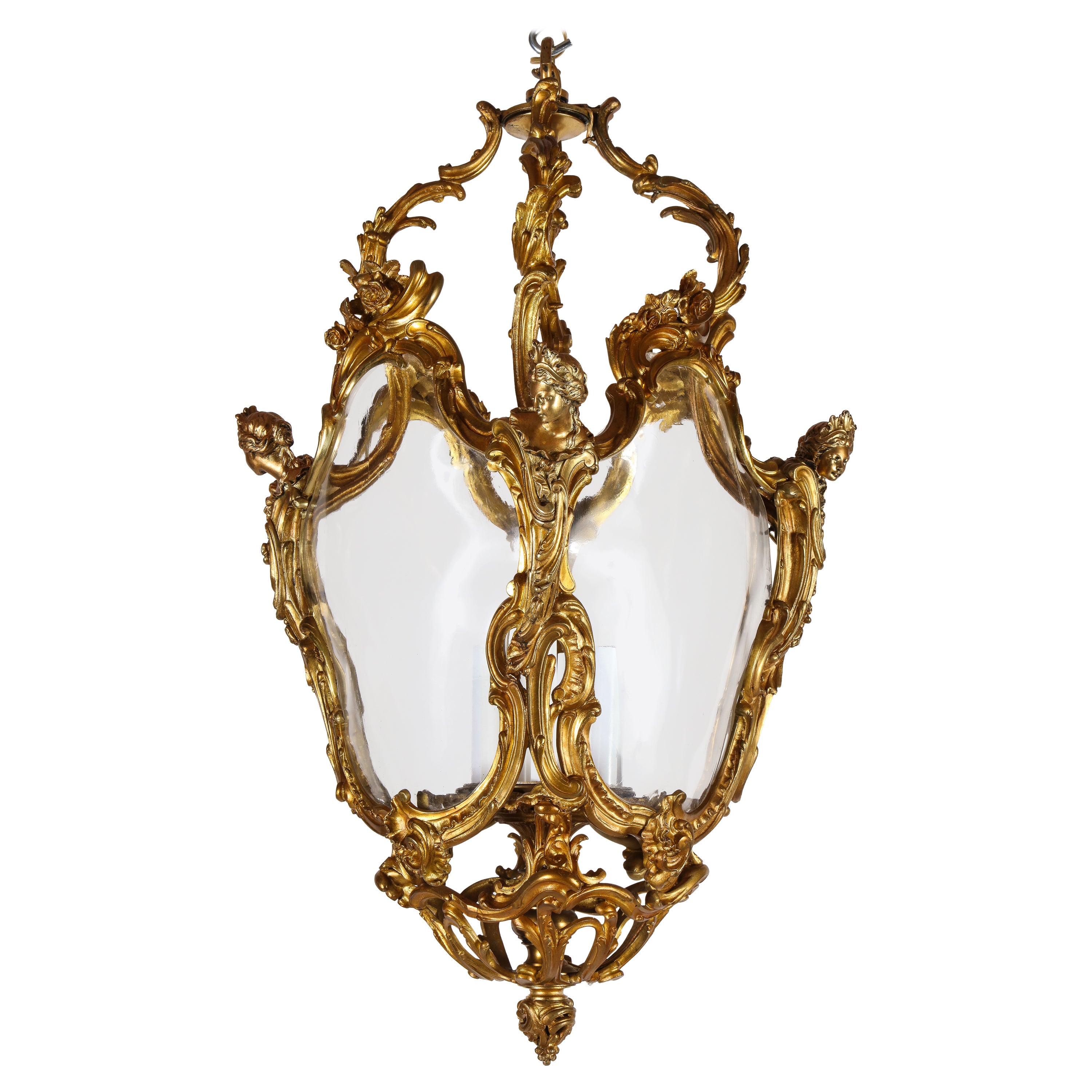 Ancienne lanterne à sept lumières figurative française du 19ème siècle en bronze doré et verre