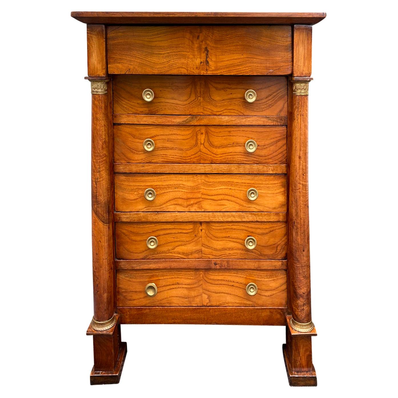 Small Circa 1810 French Empire Walnut Chest, Five Drawers