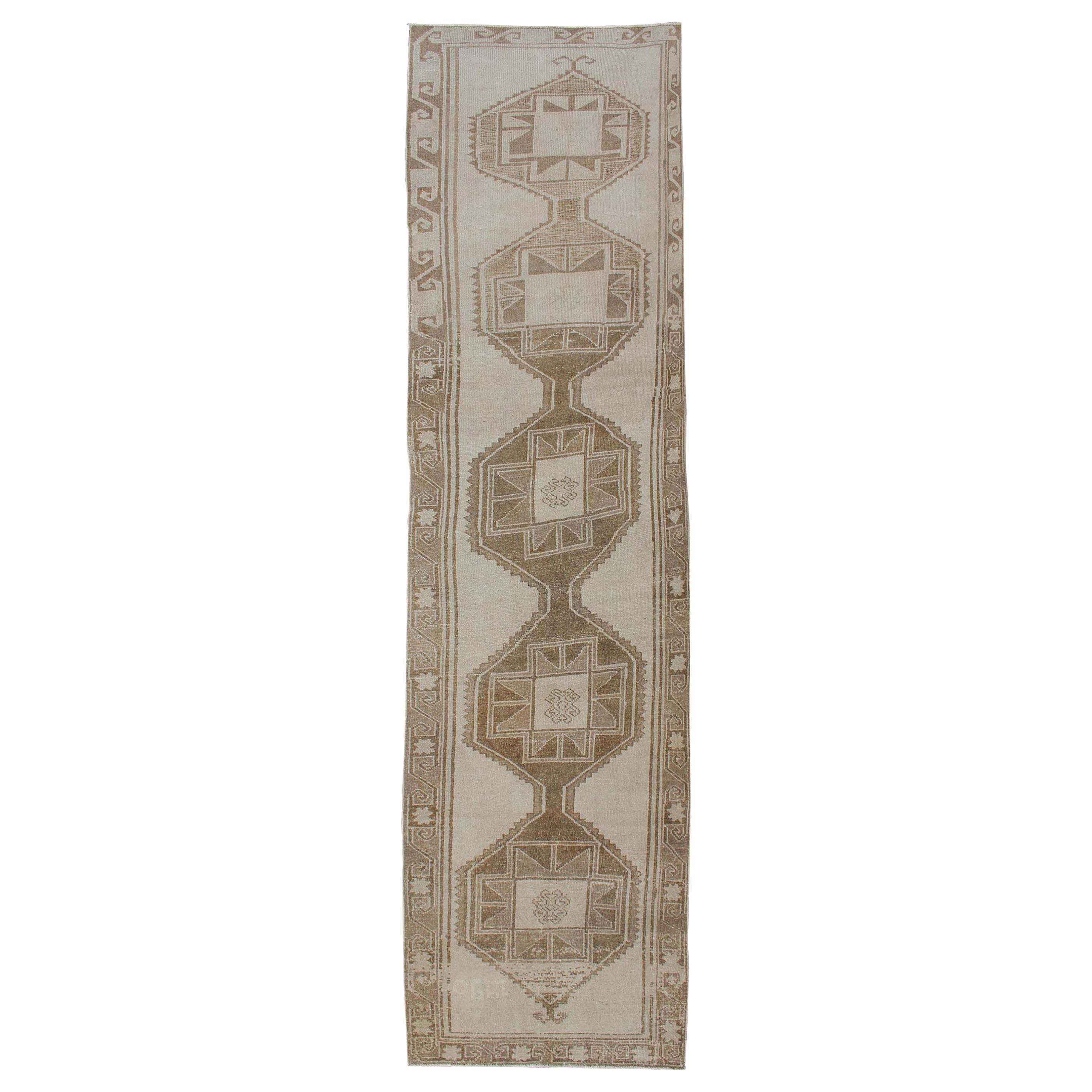 Long Vintage Turkish Oushak Runner with Medallions in Creams and Tans For Sale