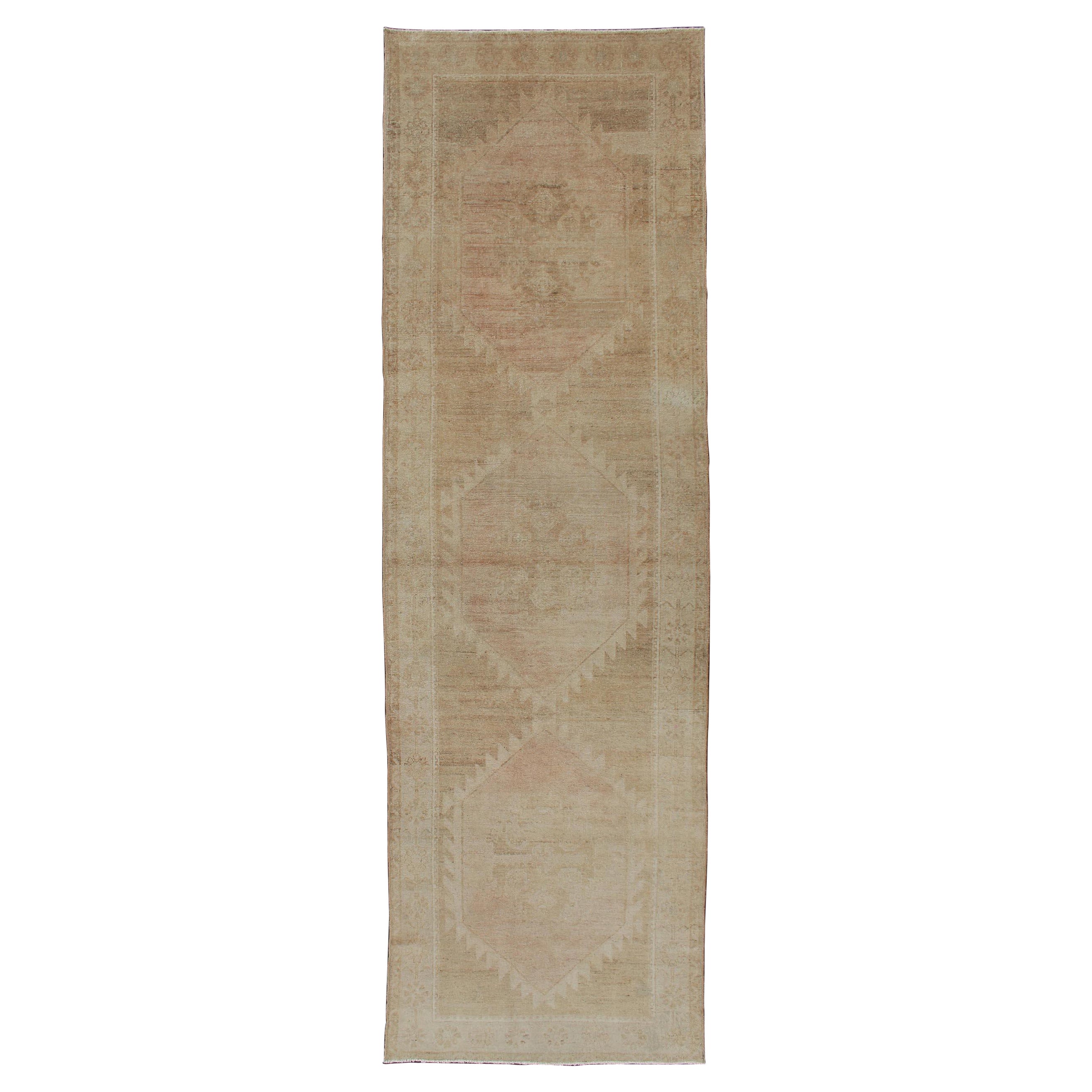 Vintage Turkish Oushak Runner Neutral Colors with Tribal Design in Earth Colors For Sale