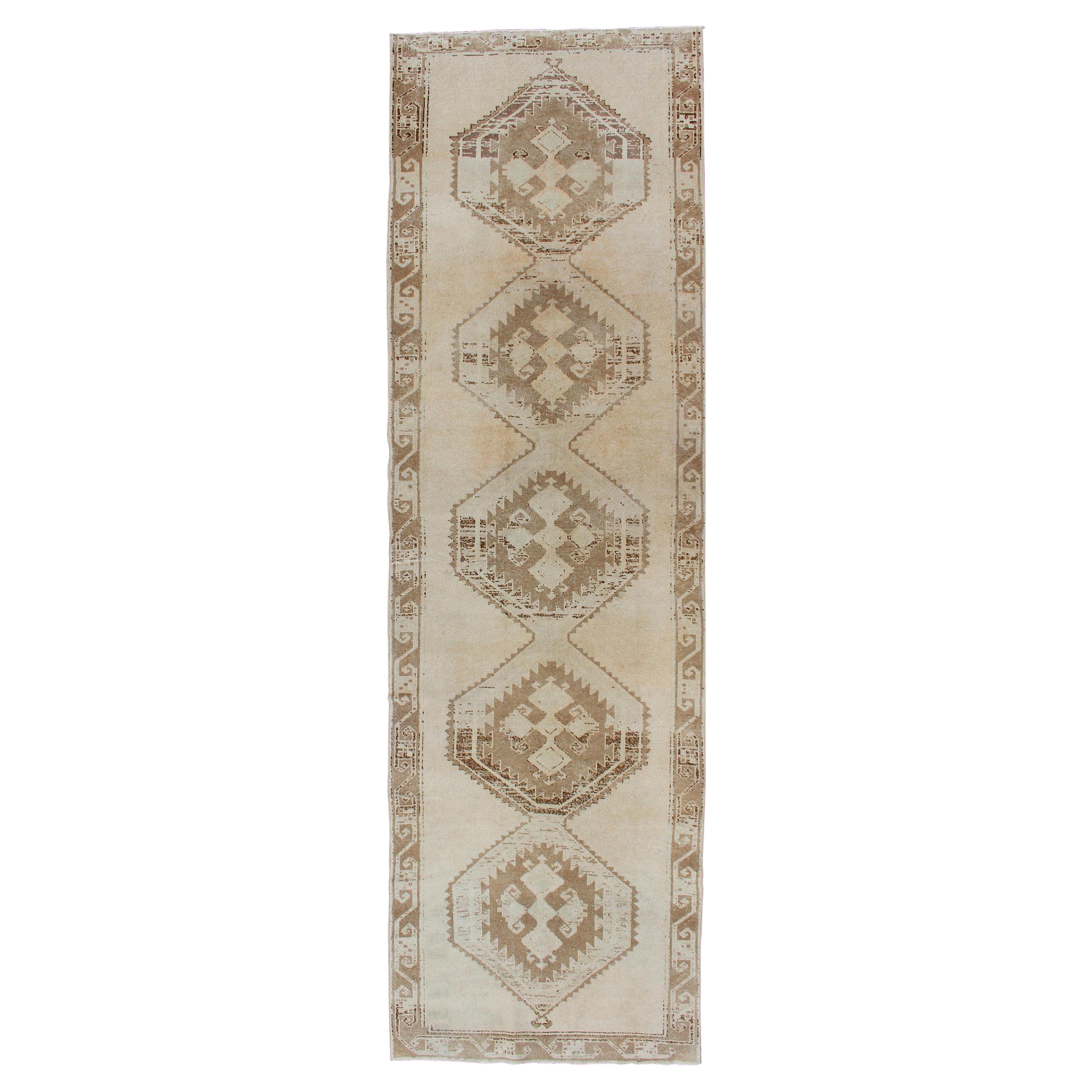 Light Colored Vintage Oushak Gallery Runner with Geometric Medallions For Sale