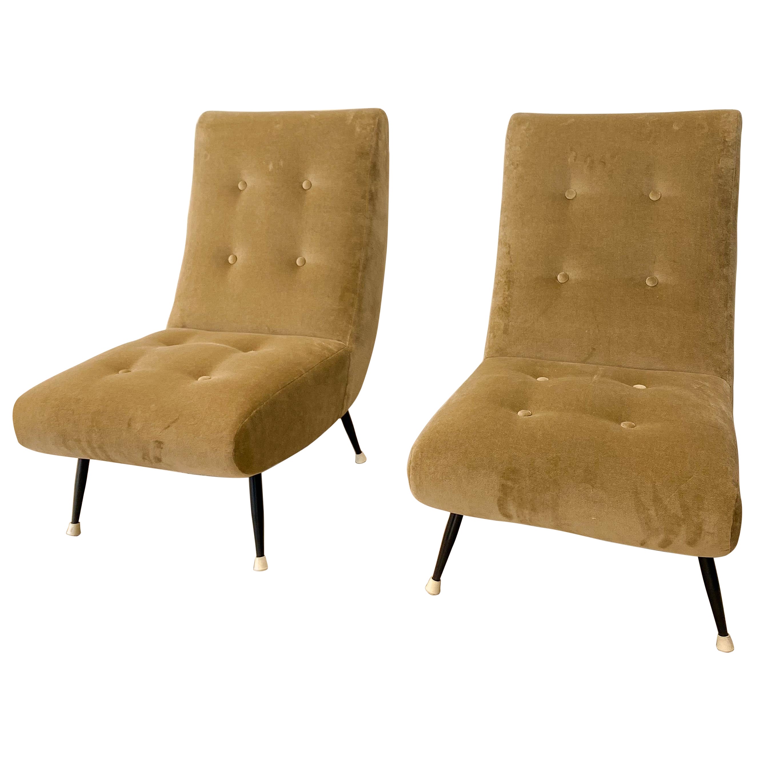 Pair of Mid-Century Italian Chairs in Creamy Green Velvet For Sale