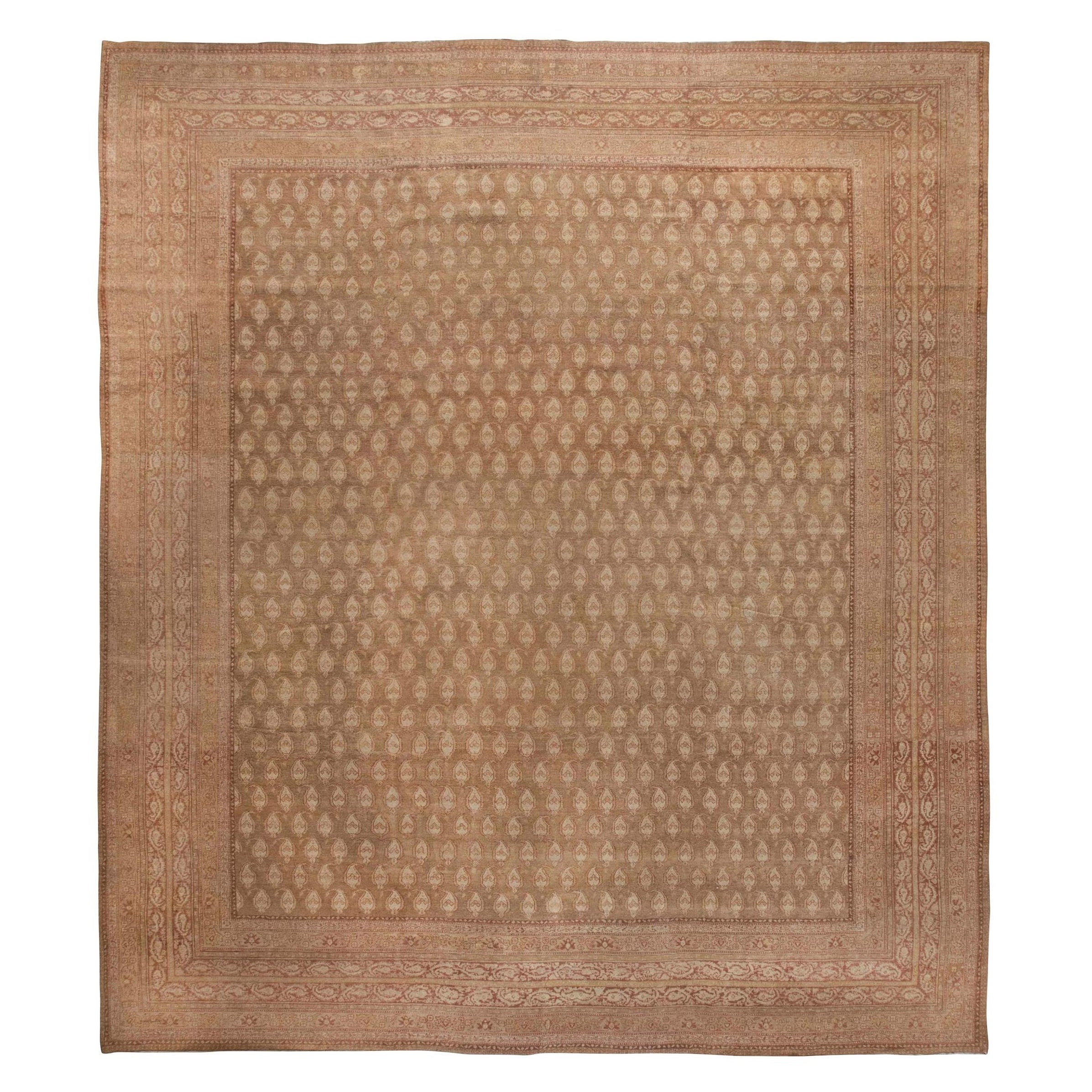 Antique Indian Amritsar Brown Handmade Wool Rug For Sale