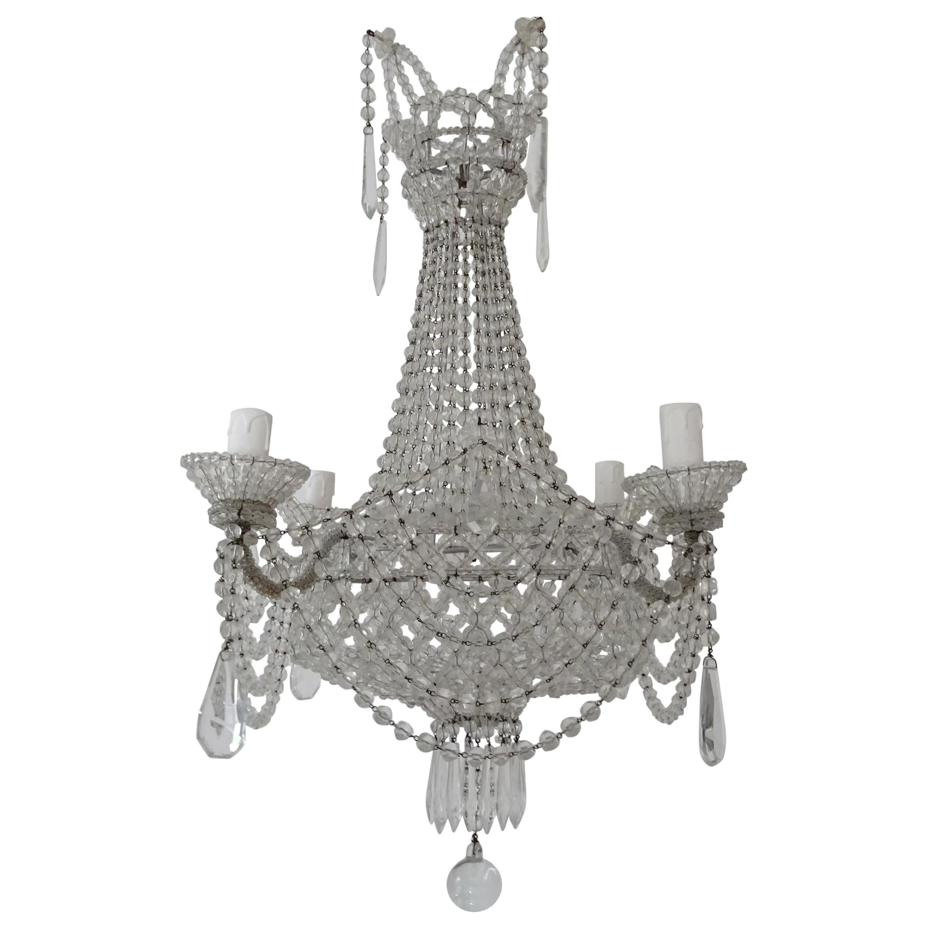 Italian Completely Beaded Basket Crystal Prisms Silver Chandelier, c 1940 For Sale