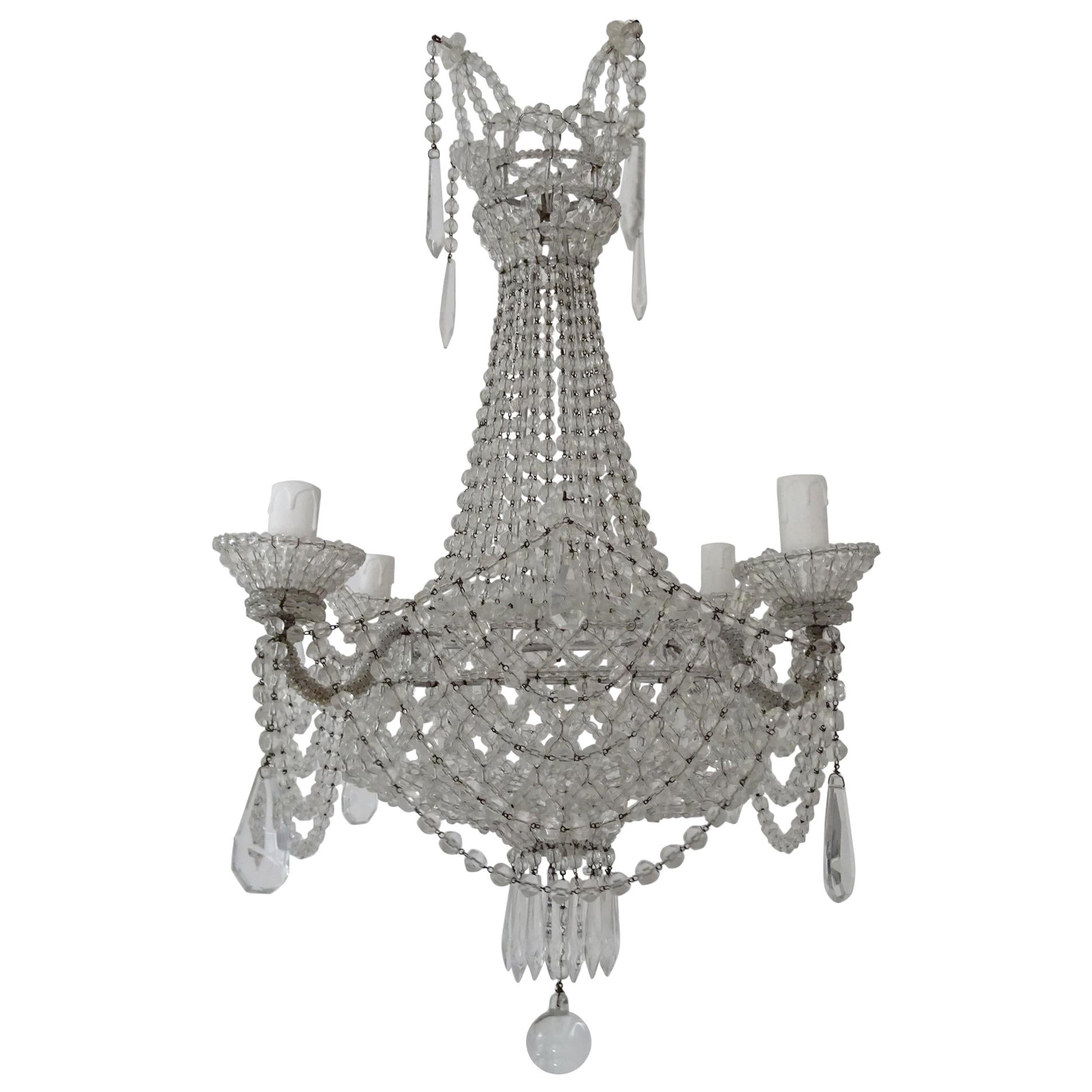 Italian Completely Beaded Basket Crystal Prisms Silver Chandelier, c 1940
