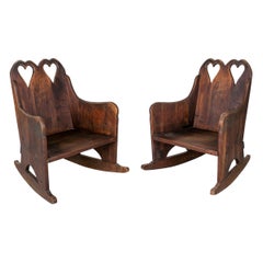 Pair of 1950s Traditional Austrian Tyrolean Wooden Rocking Chairs w/ Hearts