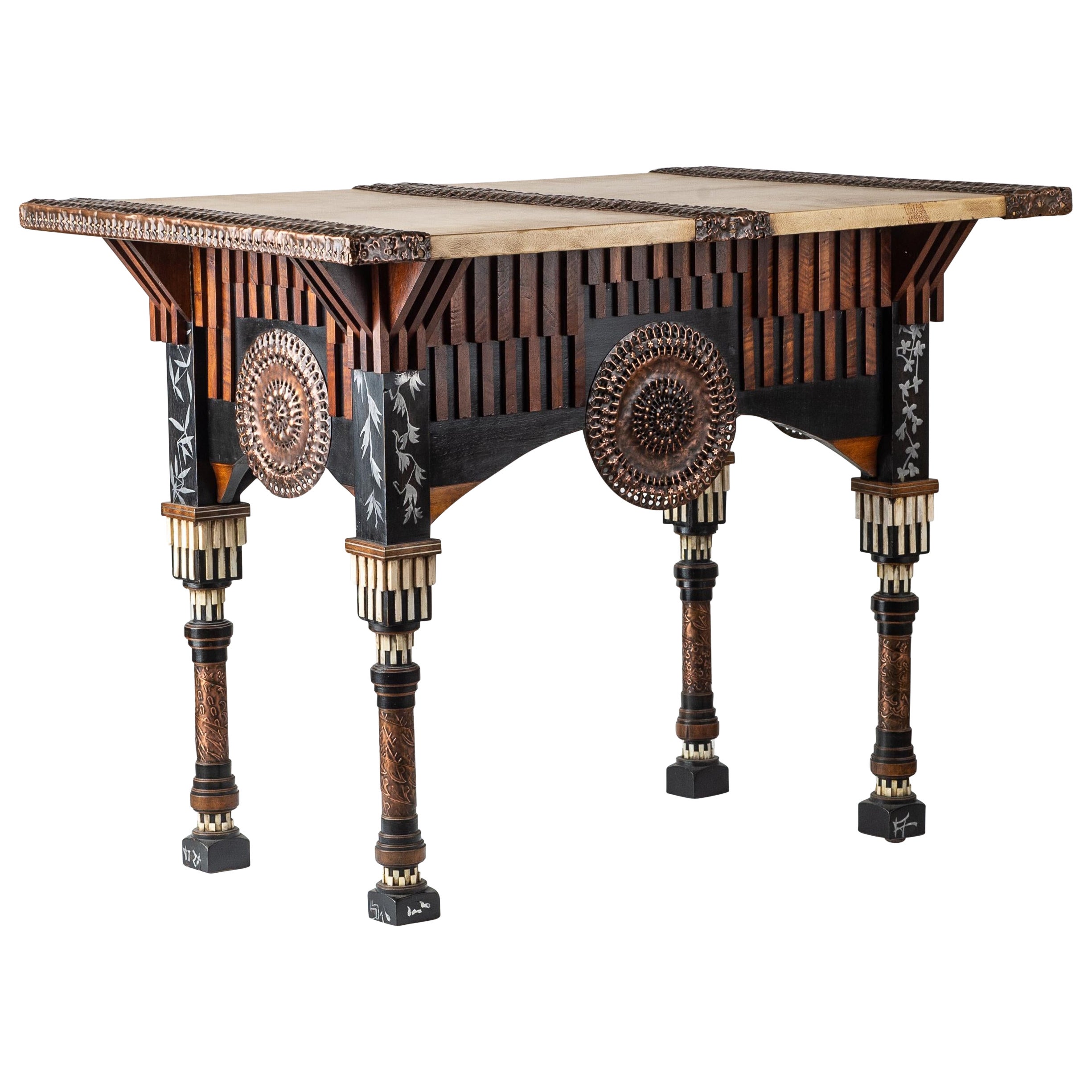 Late 19th Century Carlo Bugatti Large Centre Table with Vellum & Beaten Copper