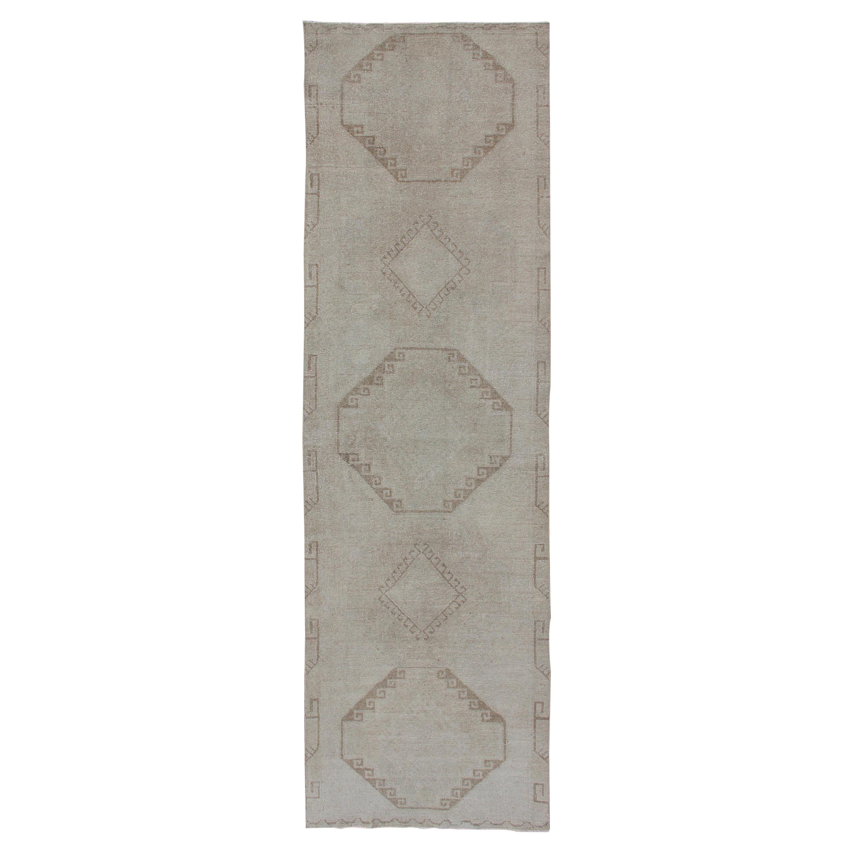 Grey and Cream Vintage Turkish Oushak Runner with Geometric Tribal Design For Sale