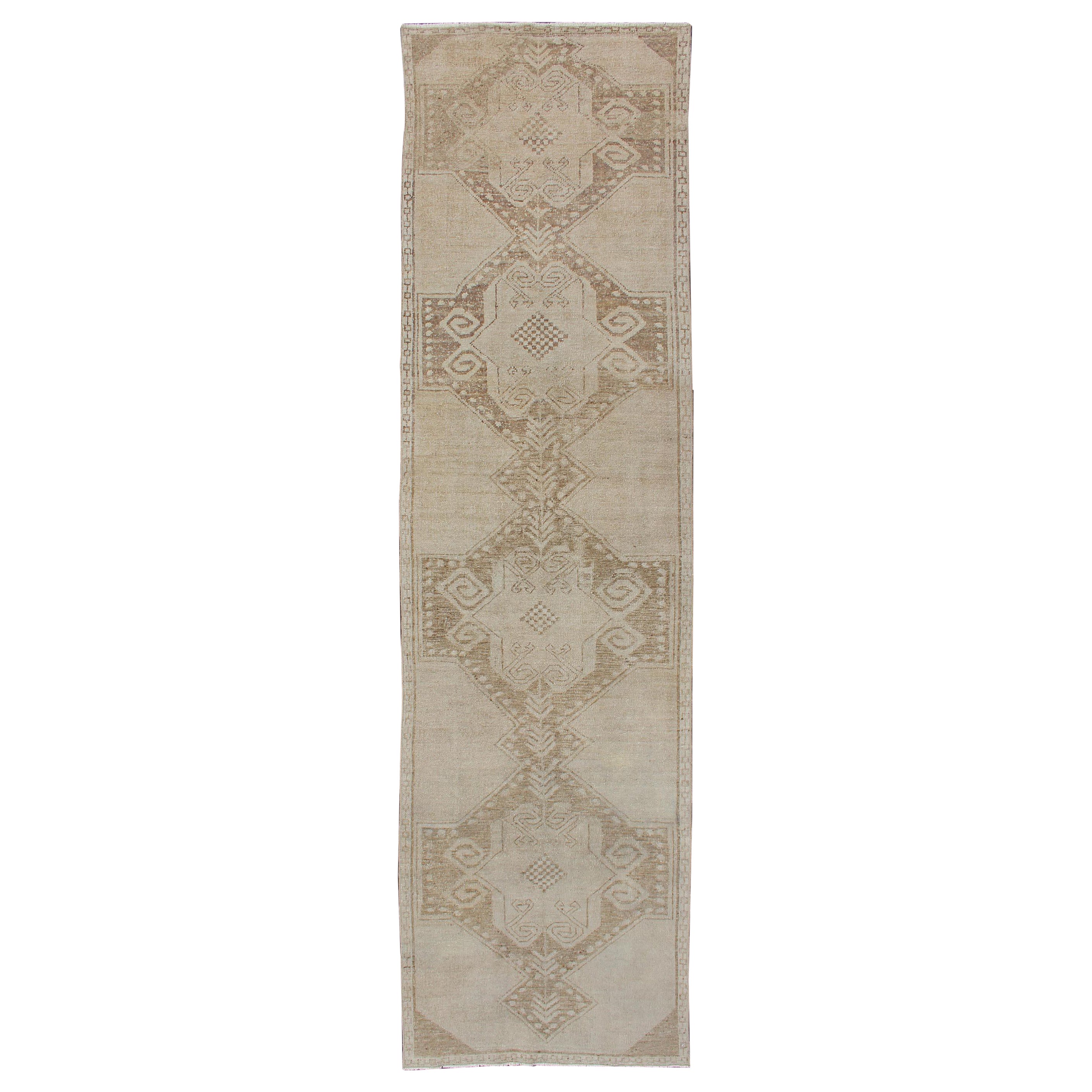 Vintage Turkish Oushak Runner with Medallions in Taupe, Tan, and Browns For Sale