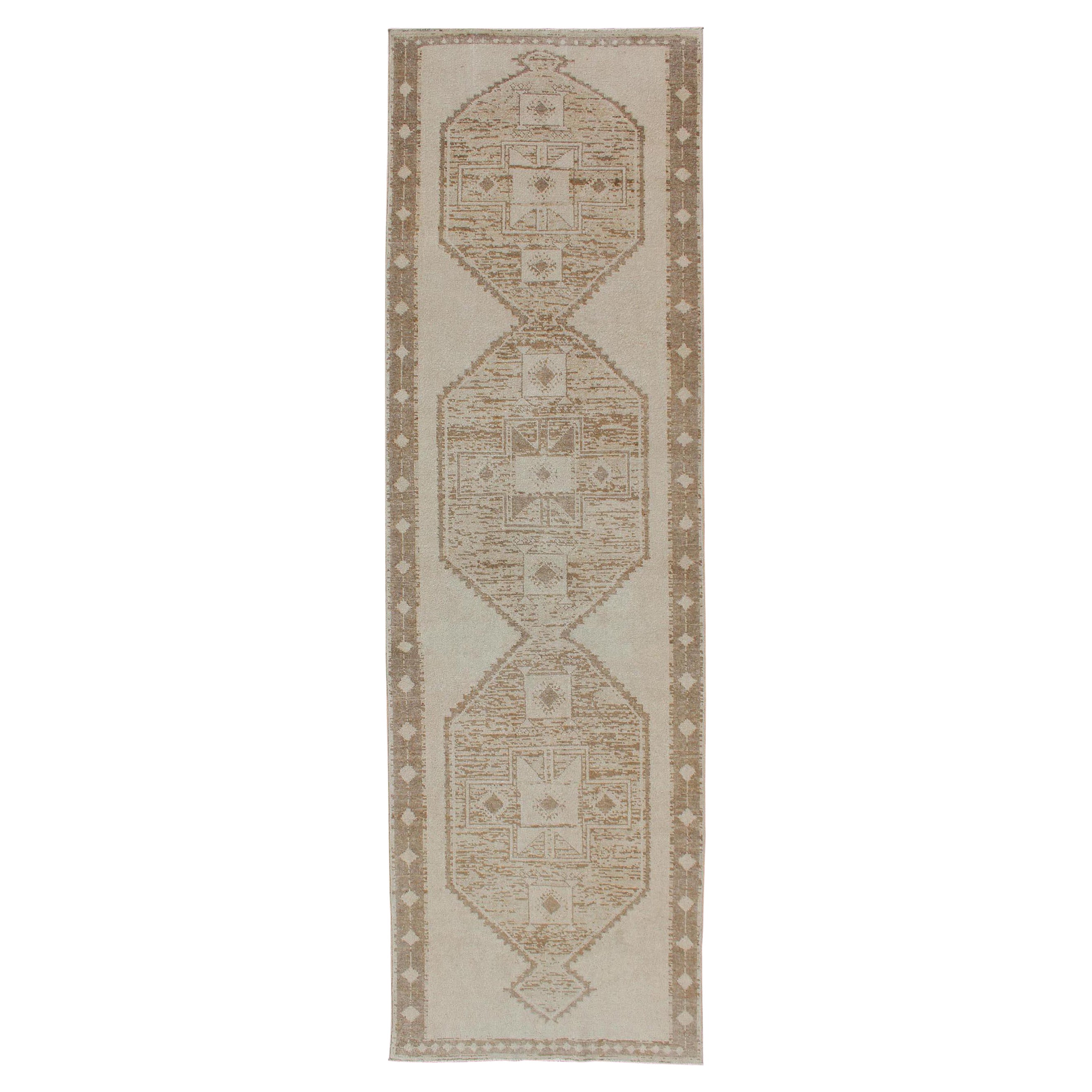 Vintage Turkish Oushak Wide Runner with Three Geometric Medallions in Neutrals For Sale