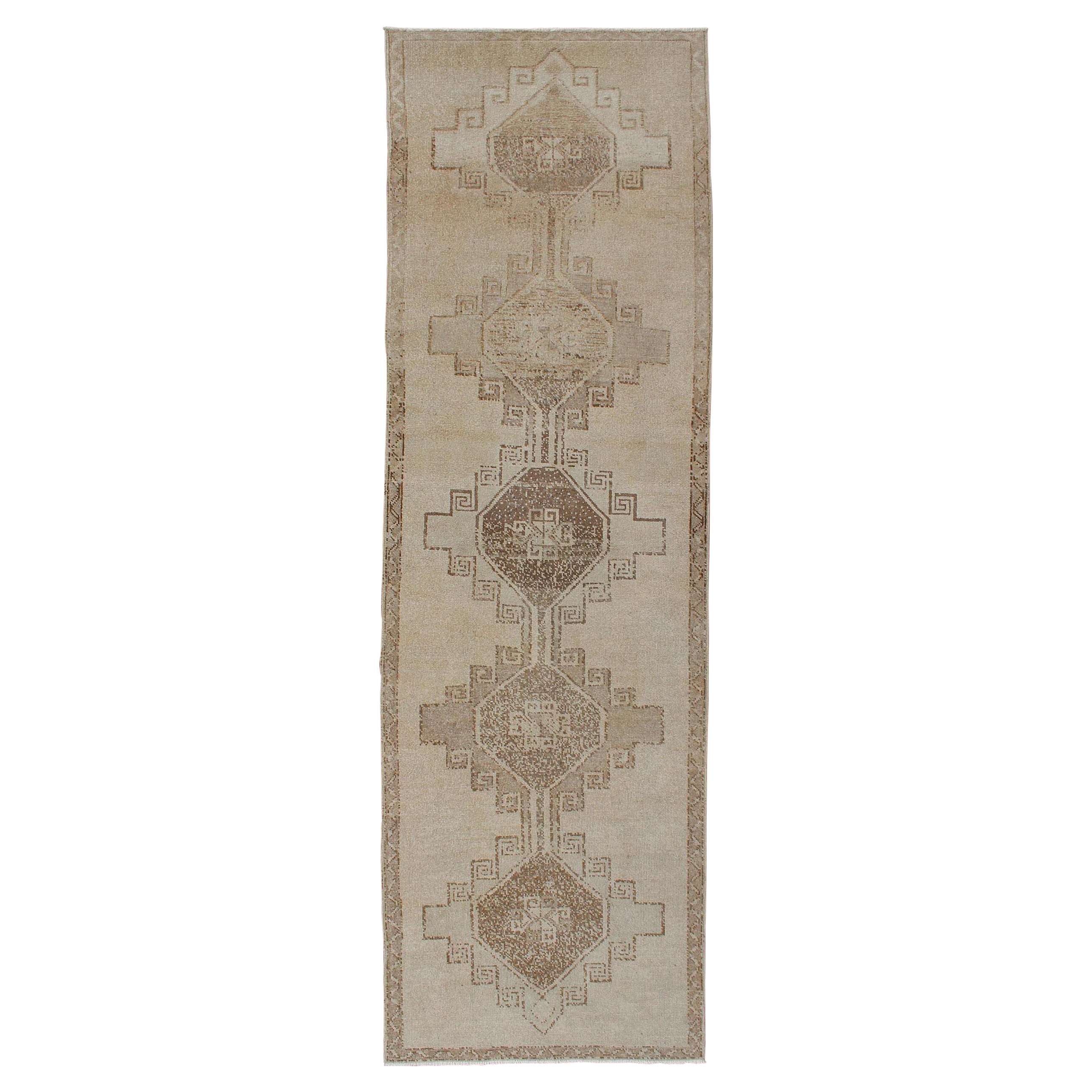 Vintage Turkish Oushak Runner with Geometric Design in Tan, L.Brown and Taupe