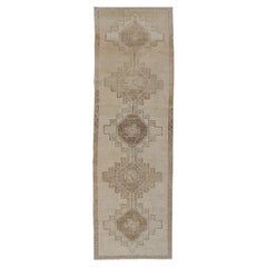Retro Turkish Oushak Runner with Geometric Design in Tan, L.Brown and Taupe