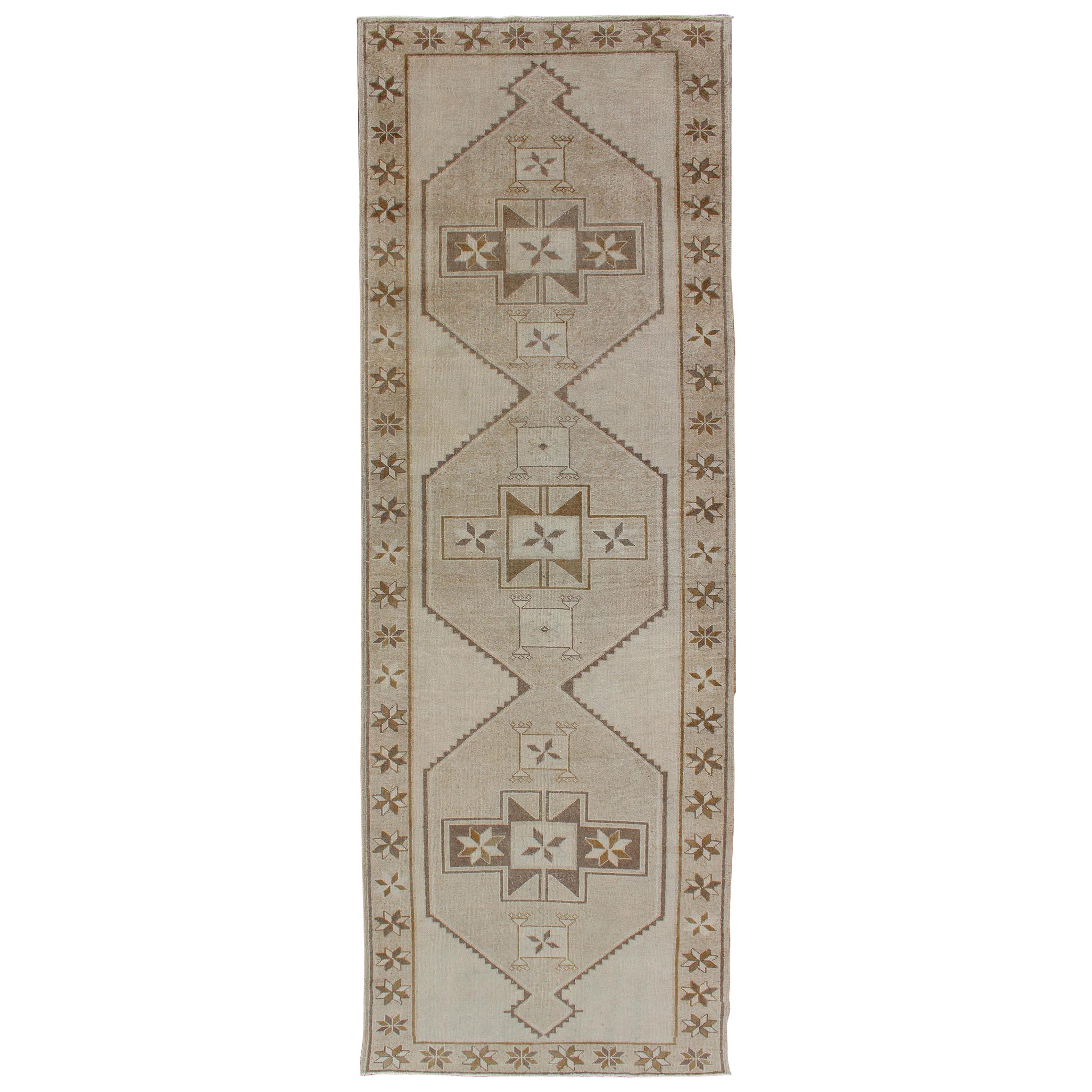 Light Gallery Vintage Oushak Runner with Geometric Medallions in Brown and Taupe For Sale