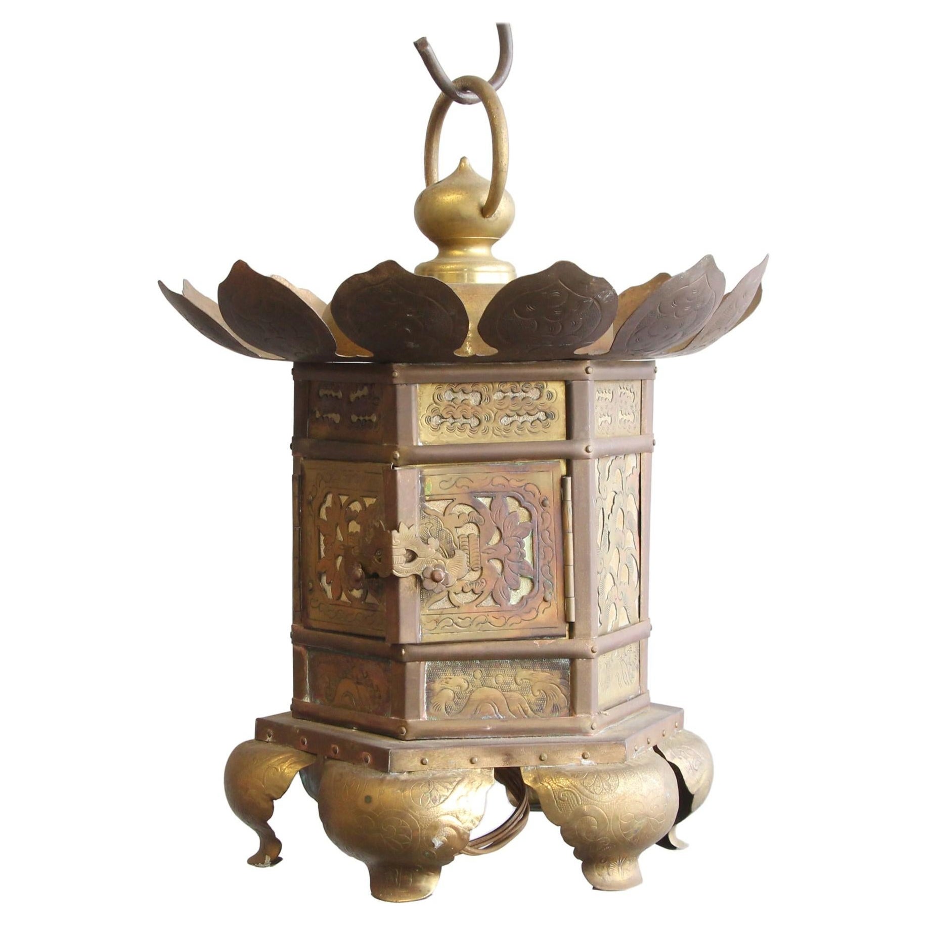 Stamped and Etched Brass Oriental Hanging Lantern For Sale at 1stDibs