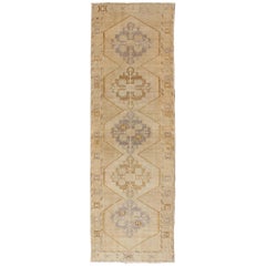 Turkish Oushak Vintage Runner with Geometric Design and Neutral Color Palette