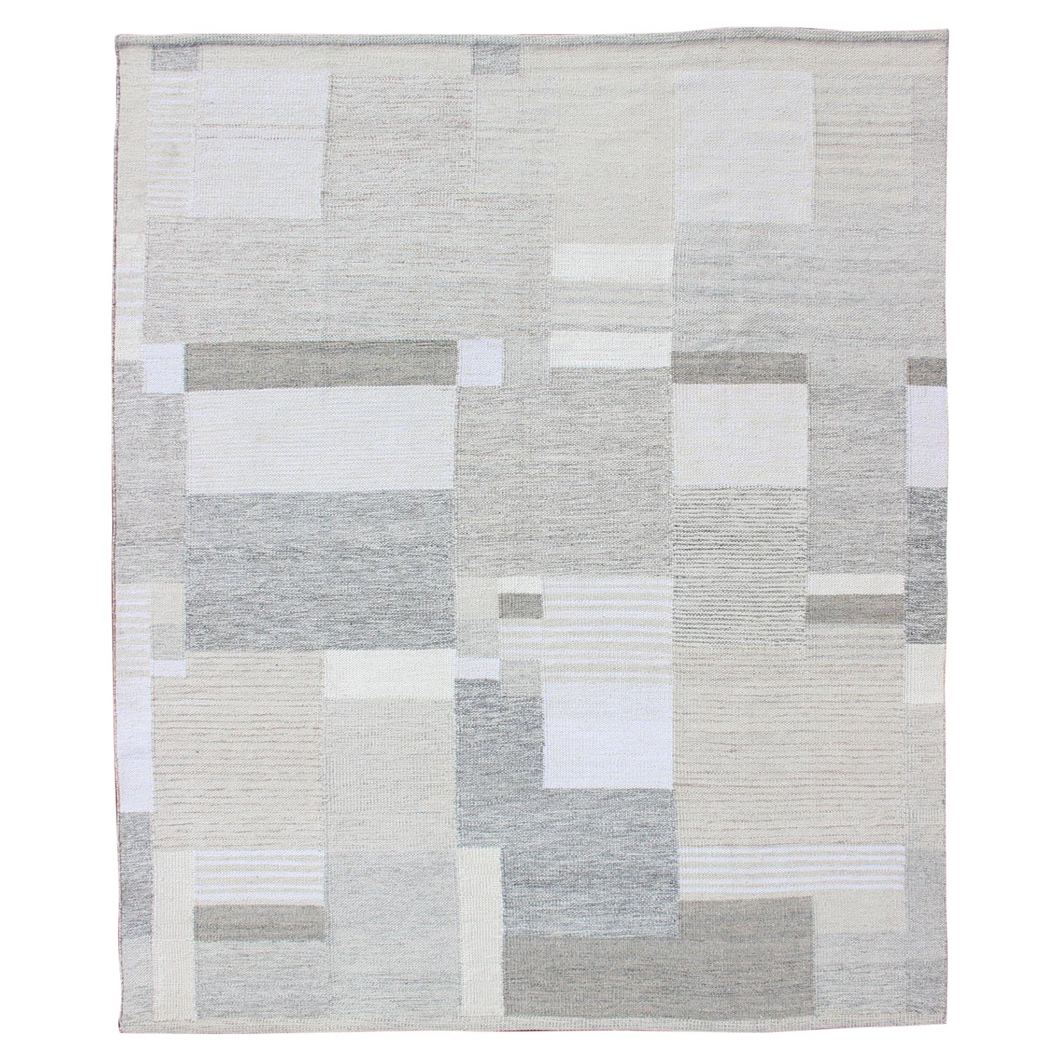 Modern Scandinavian Flat-Weave Rug Design in Gray, beige, Creams & White Tones