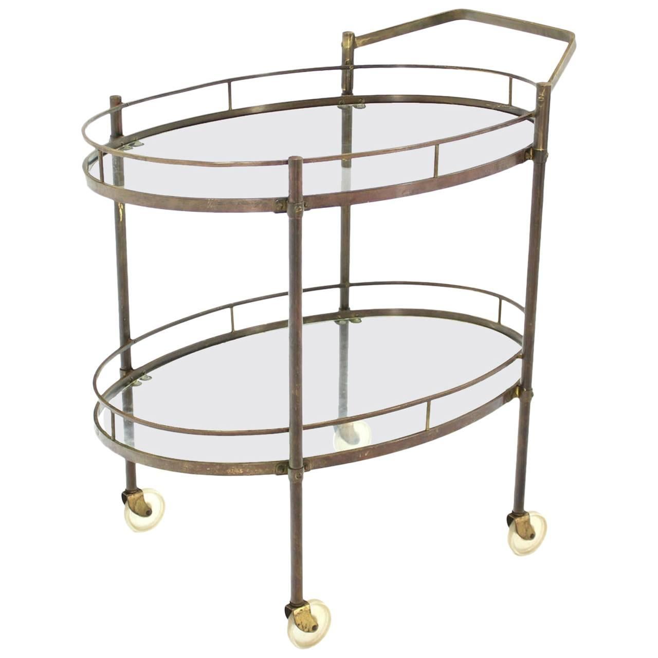 Oval Two Tier Brass Tea Cart or Serving Table