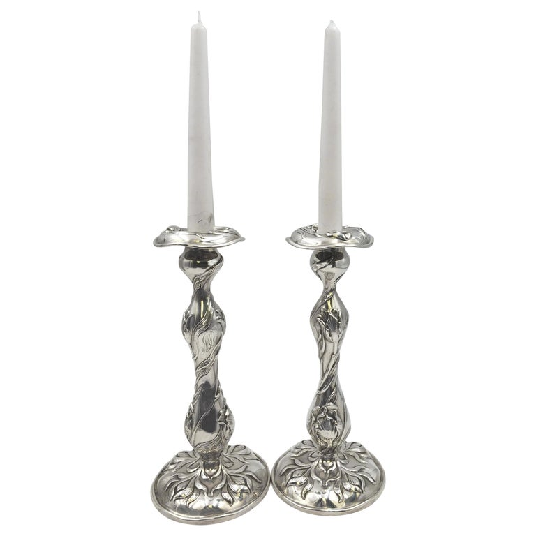 Dominick & Haff and Mauser 1903 Pair of Sterling Silver Candlesticks Art Nouveau For Sale