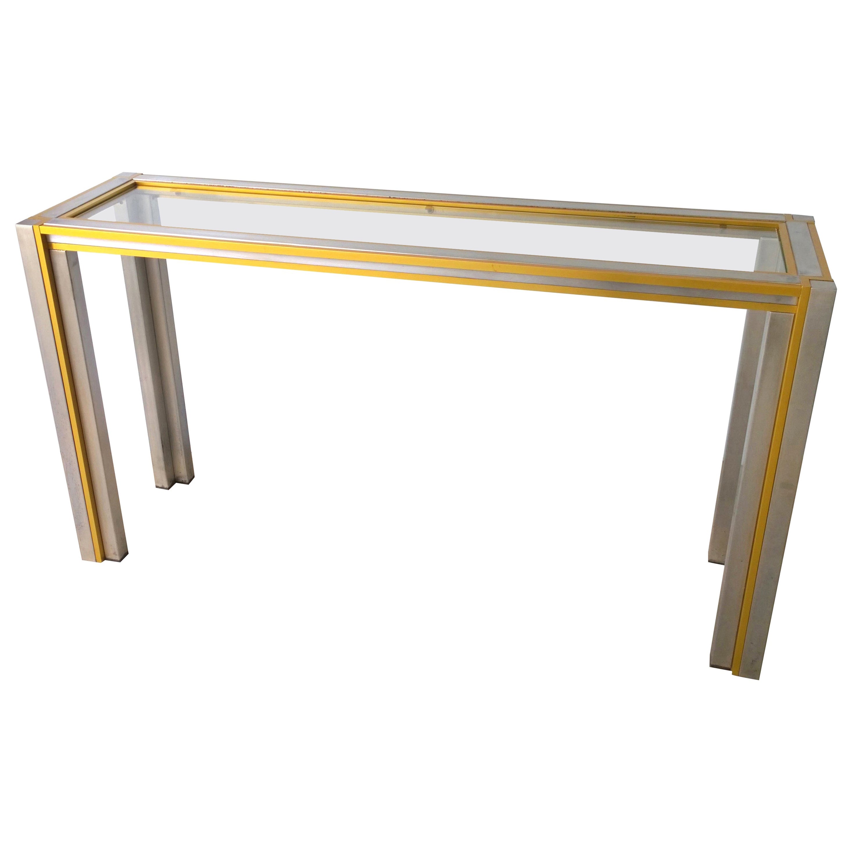 Willy Rizzo Attrib, Inlaid Glass, Gold Tone Aluminum & Steel Frame Console Table