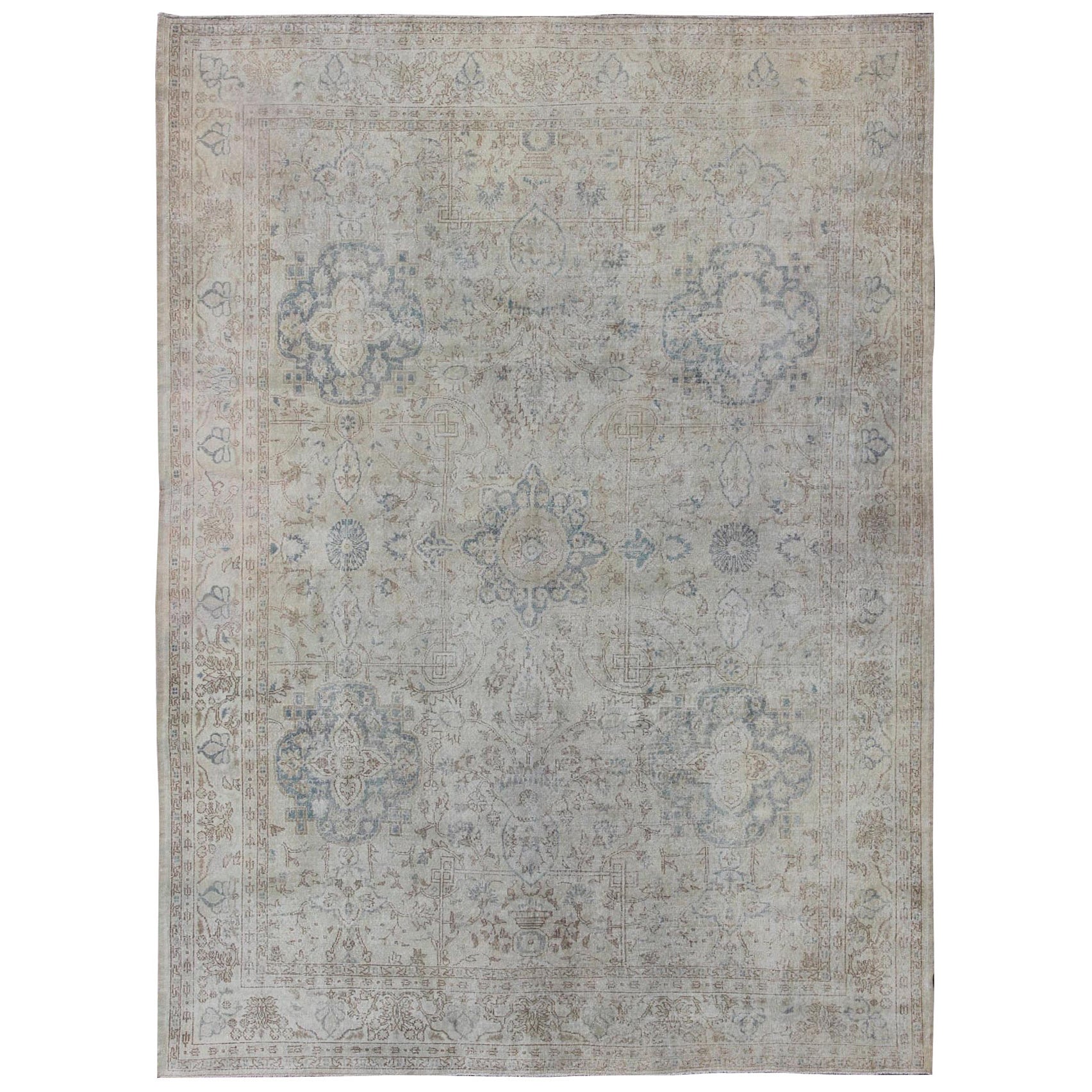 Antique Large Turkish Oushak Rug in Light Blue, Wheat, Camel and Gray