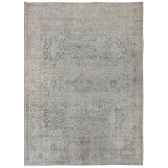 Antique Large Turkish Oushak Rug in Light Blue, Wheat, Camel and Gray