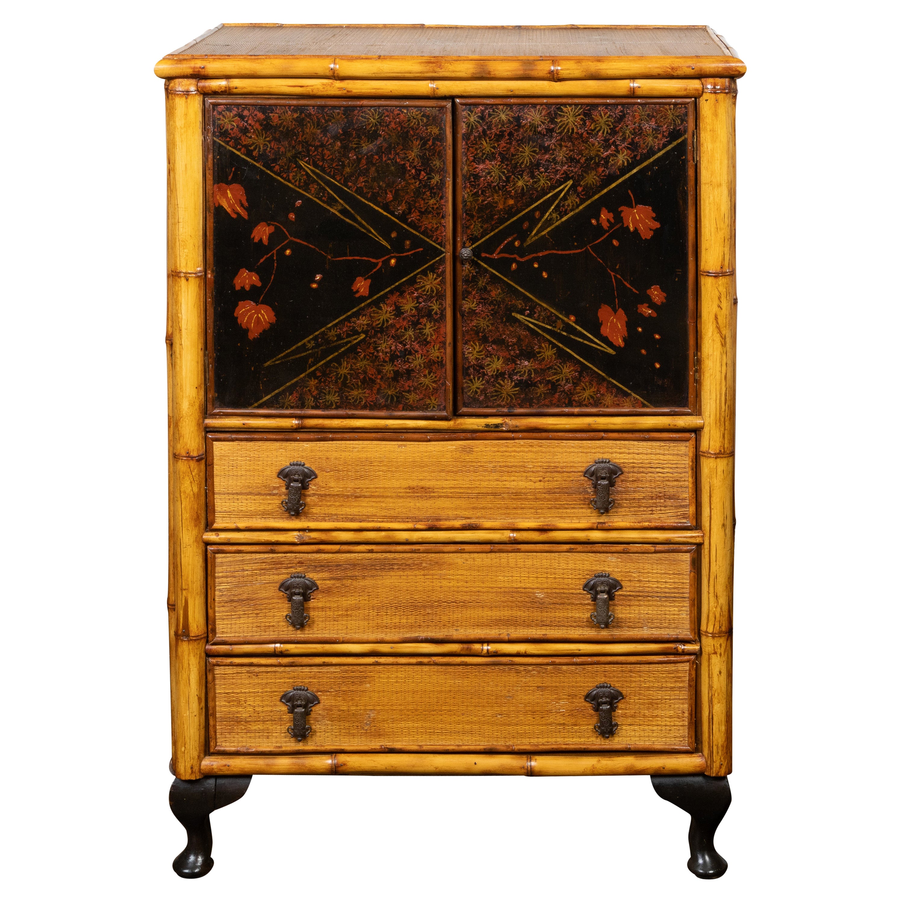 English 1890s Japonism Bamboo Cabinet with Two Doors and Three Drawers For Sale