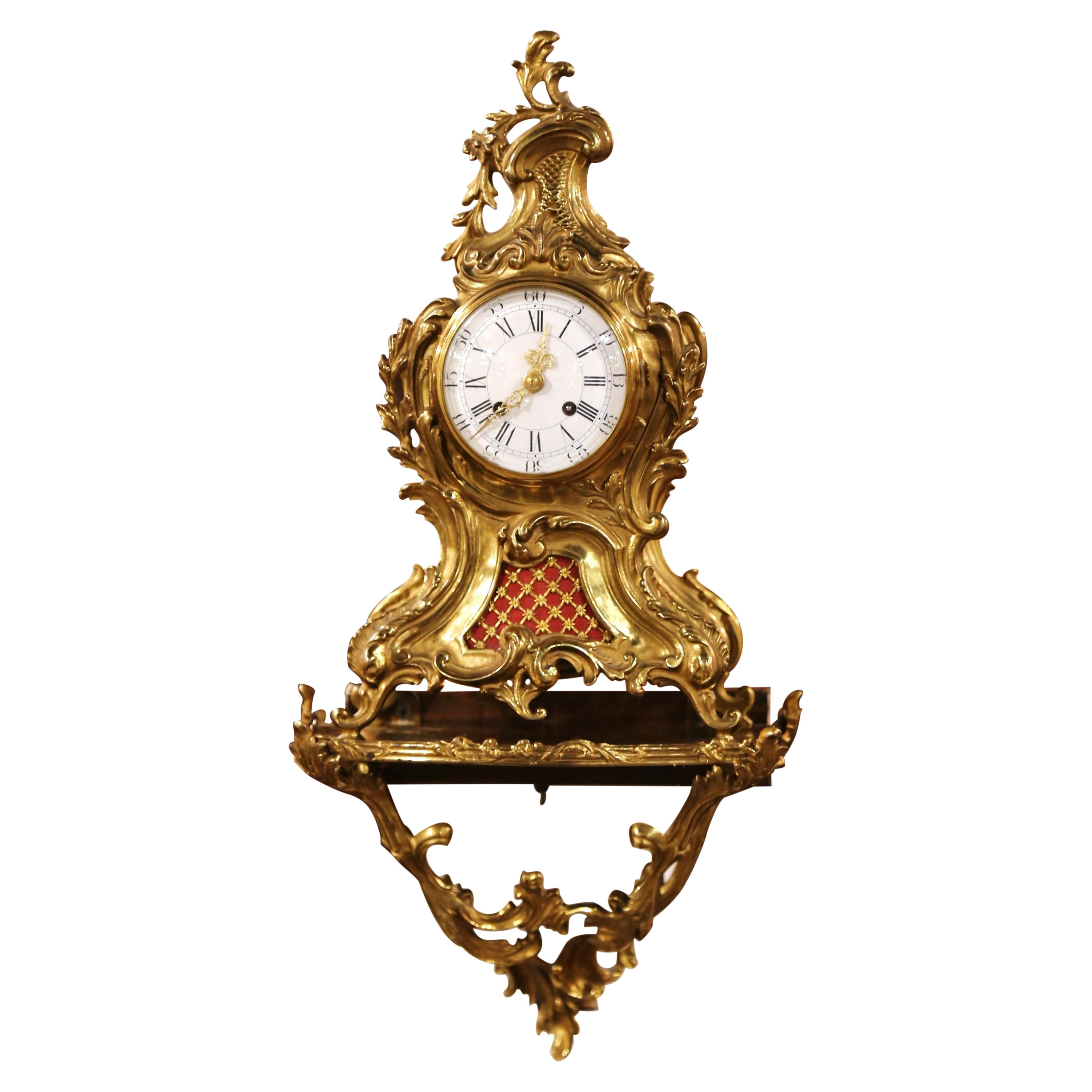 19th Century French Louis XV Rococo Bronze Dore Clock with Wall Support