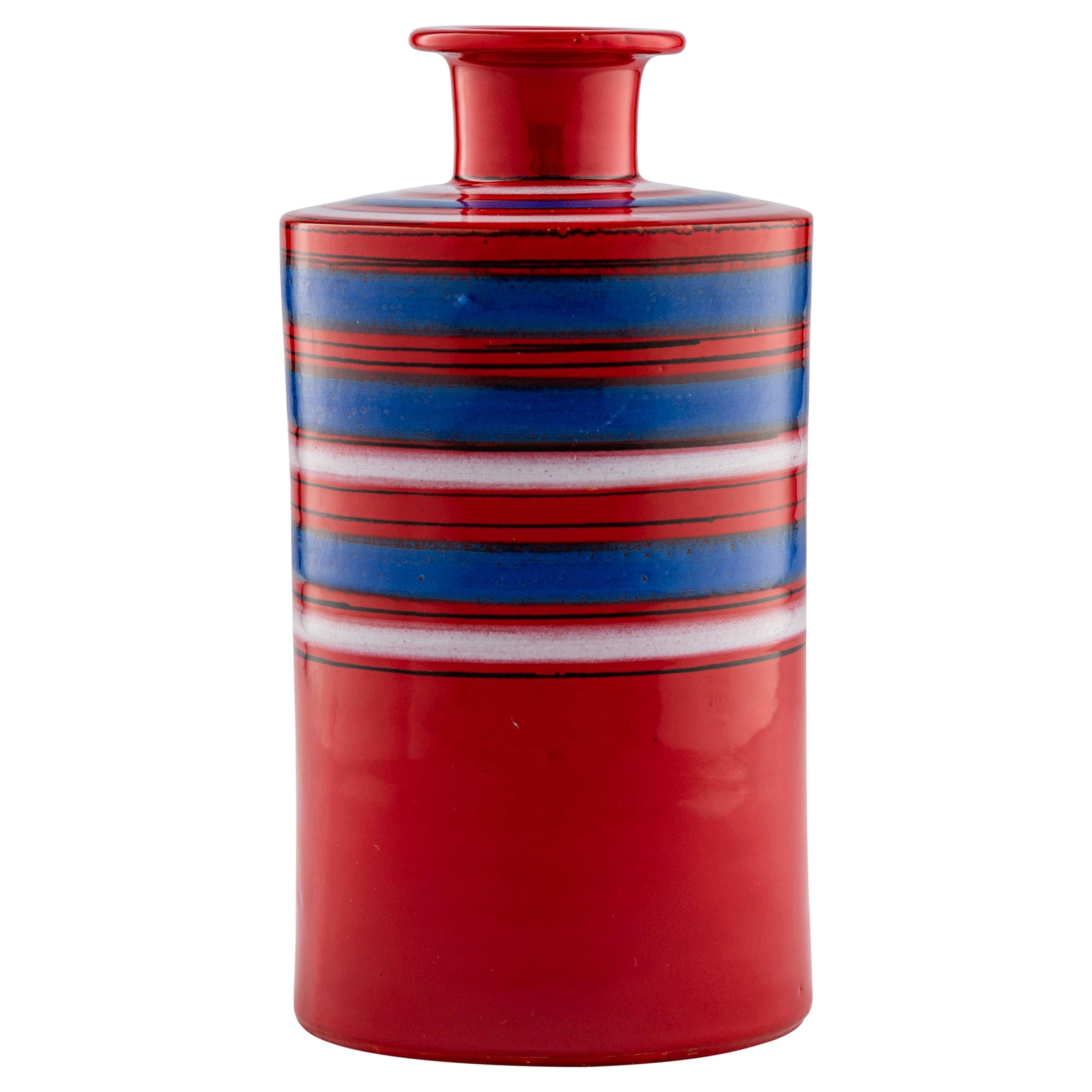 Bitossi Raymor Vase, Ceramic, Stripes, Red, Blue, White, Signed