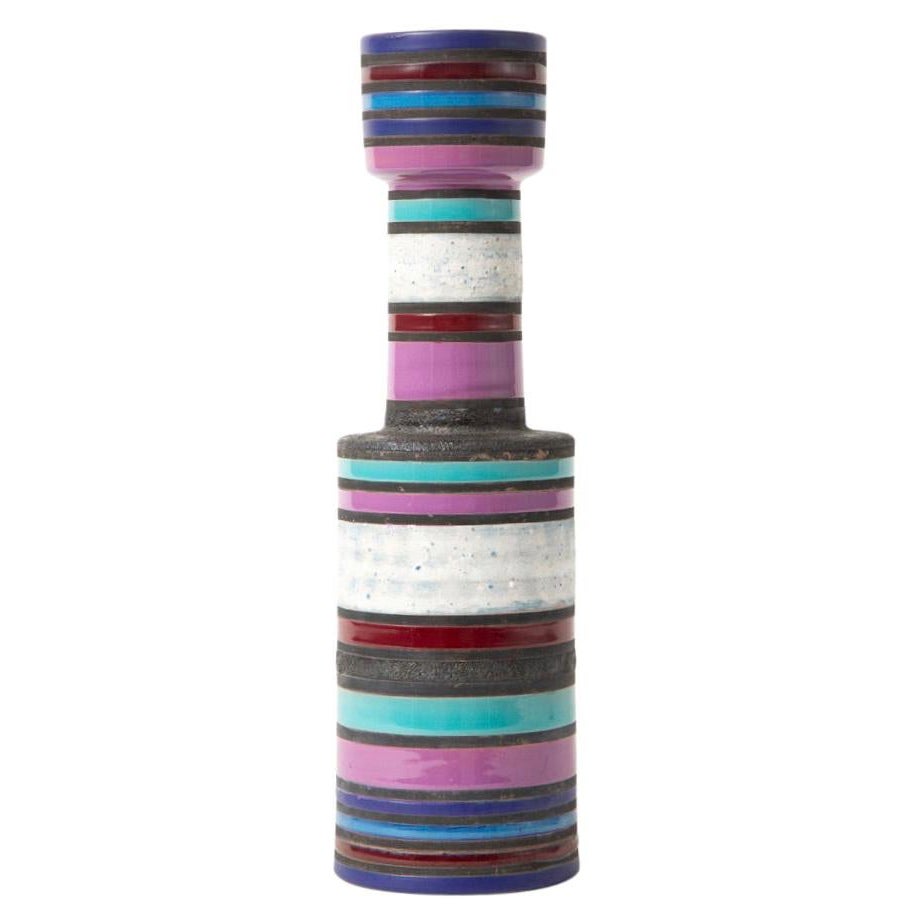 Vase de Bitossi et Raymor, céramique, rayures, violet, blanc, turquoise, signé