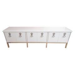 Mastercraft Restored White Lacquered Wood & Chrome Plated Bronze Cabinet Buffet