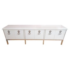 Vintage Mastercraft Restored White Lacquered Wood & Chrome Plated Bronze Cabinet Buffet