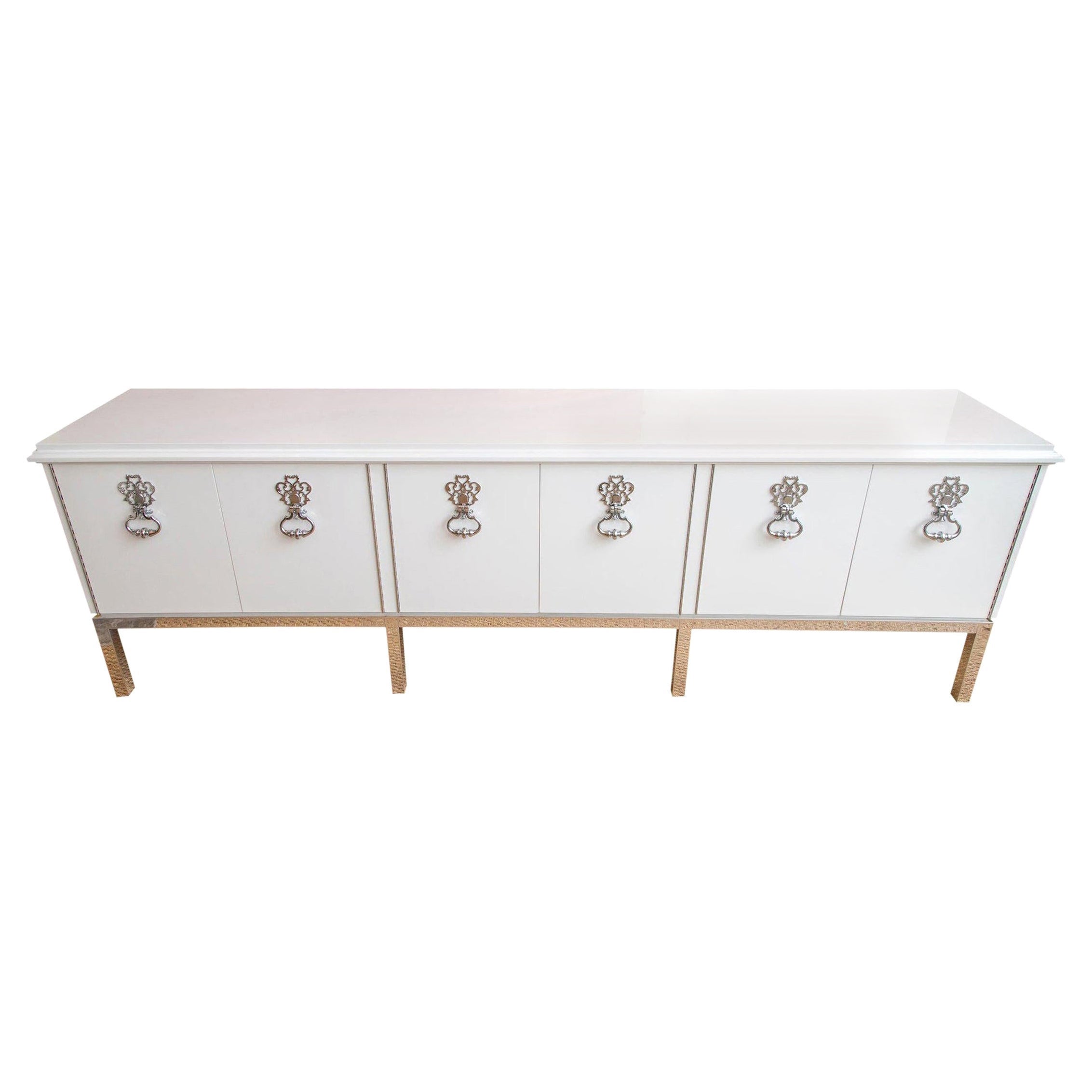 Mastercraft Restored White Lacquered Wood & Chrome Plated Bronze Cabinet Buffet For Sale
