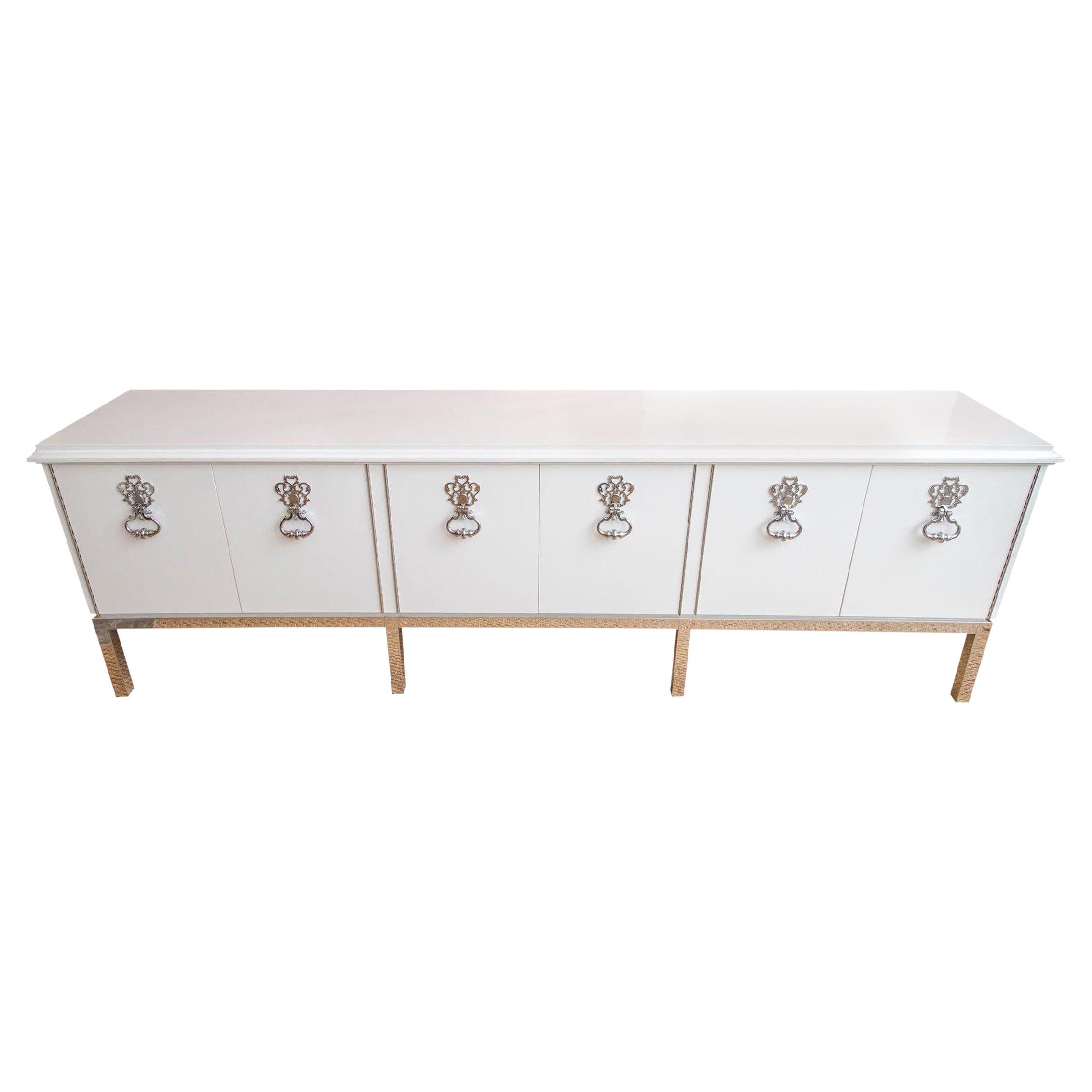 Mastercraft Restored White Lacquered Wood & Chrome Plated Bronze Cabinet Buffet