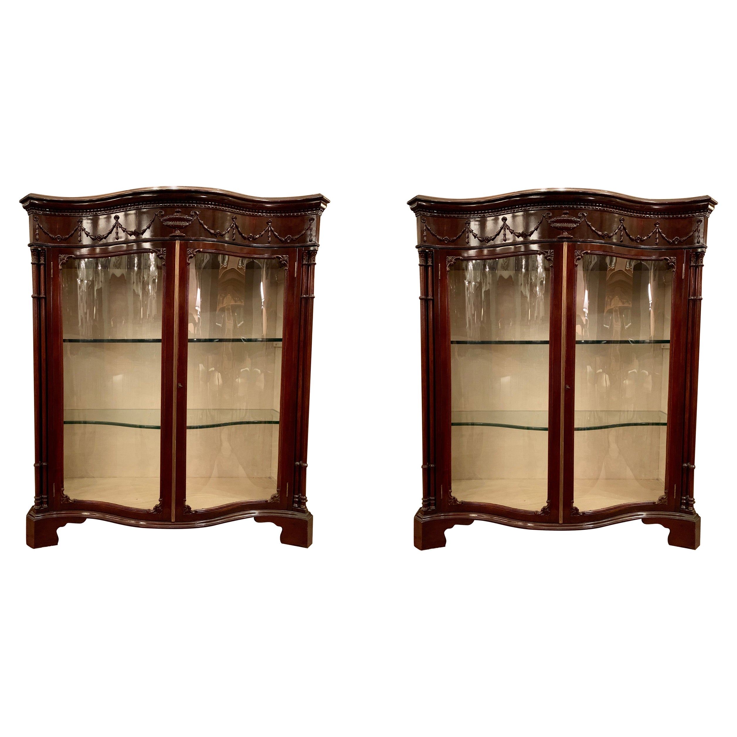 Pair Antique English Adams Style Glass-Front Serpentine Cabinets, Circa 1890 For Sale