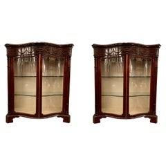 Pair Antique English Adams Style Glass-Front Serpentine Cabinets, Circa 1890