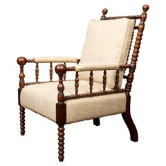 English 19th Century Oak Bobbin Armchair with New Linen Upholstery
